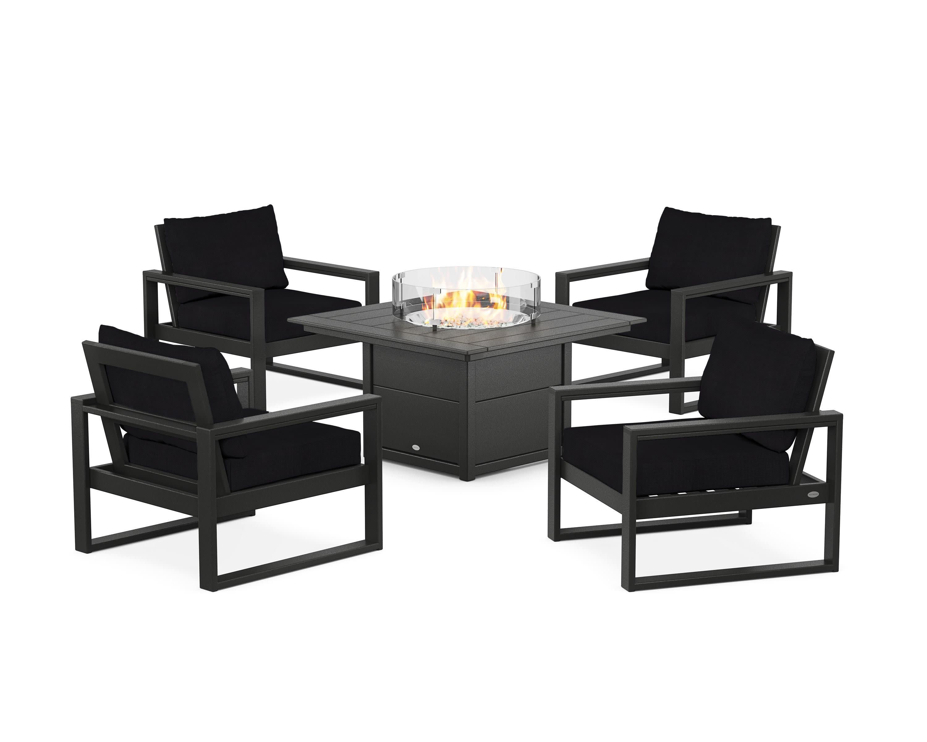 EDGE Sectional 5-Piece Deep Seating Set with Fire Pit Table in Black / Midnight Linen