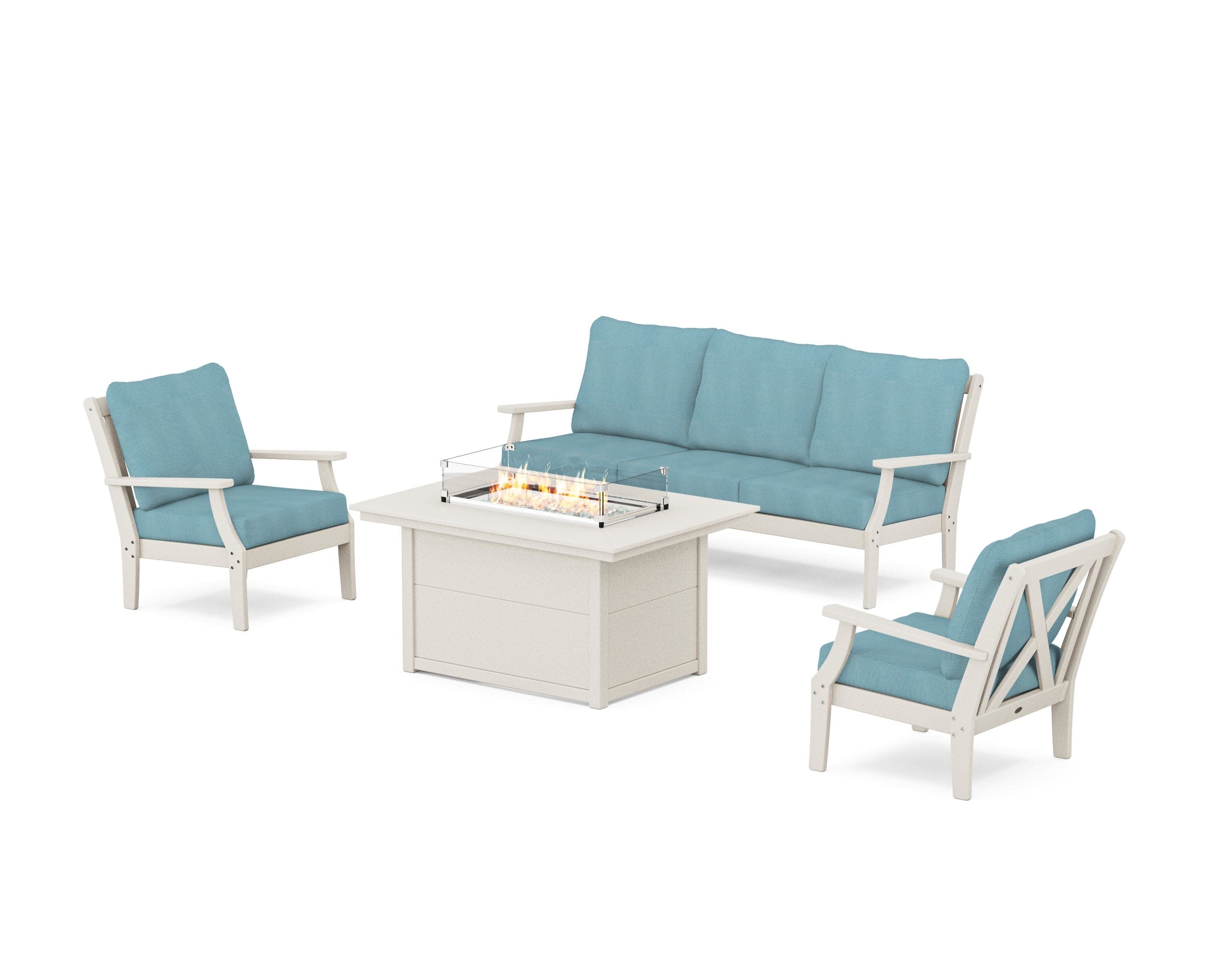 Braxton Deep Seating Fire Pit Table Set in Sand / Lattice Sky Blue