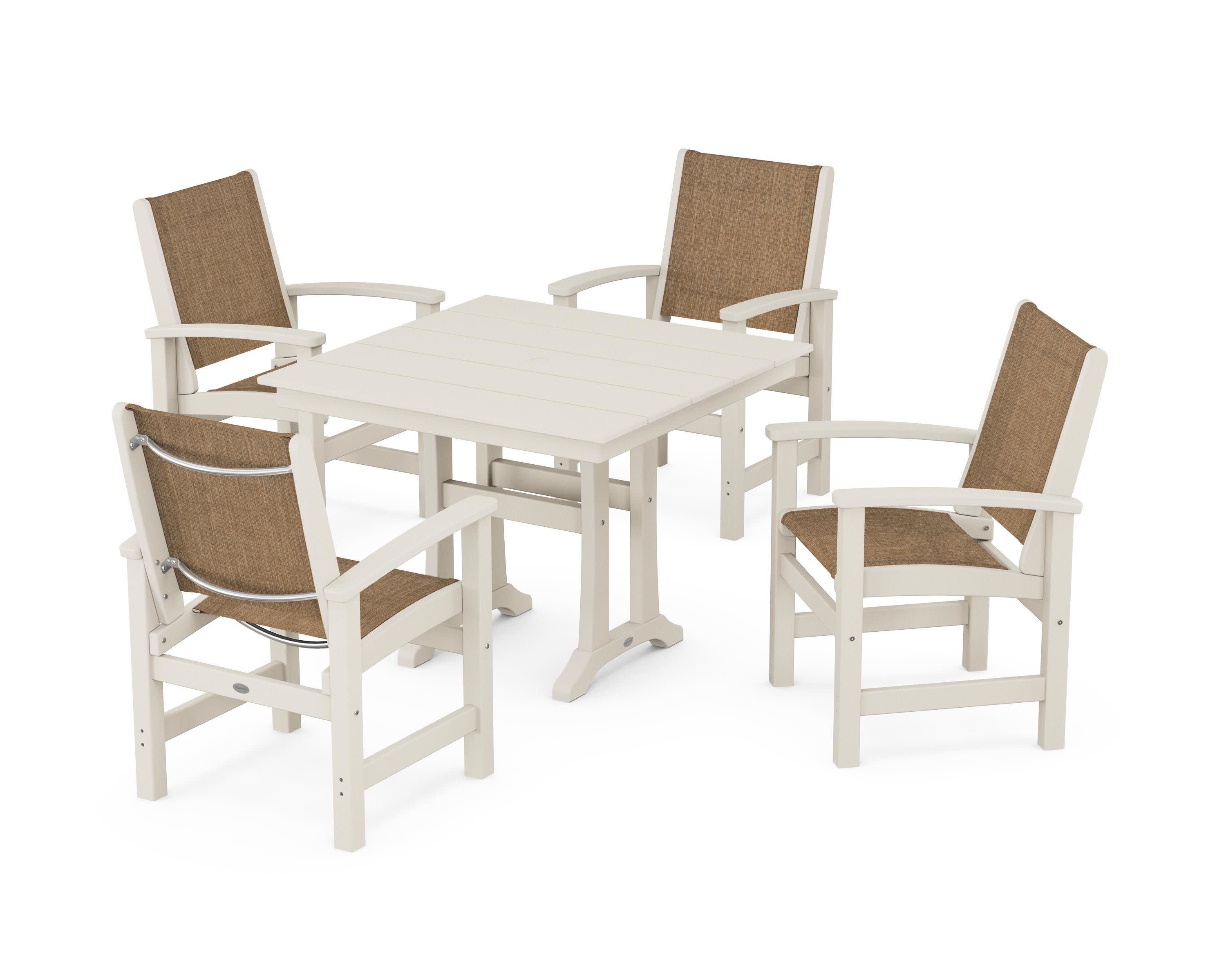 Coastal 5-Piece Farmhouse Dining Set With Trestle Legs in Sand / Burlap Sling