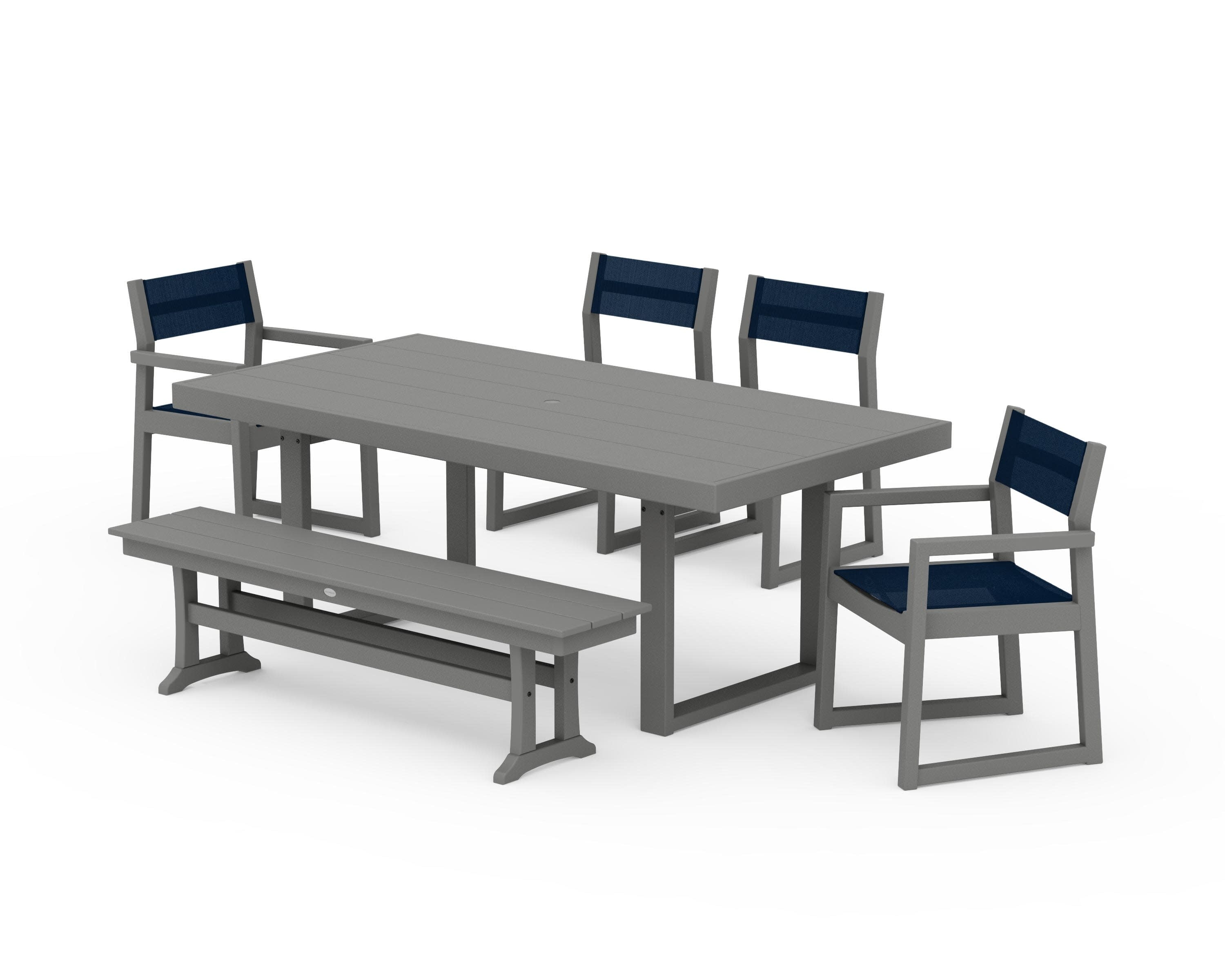 EDGE Sling 6-Piece Dining Set with Bench in Slate Grey / Navy Blue Sling
