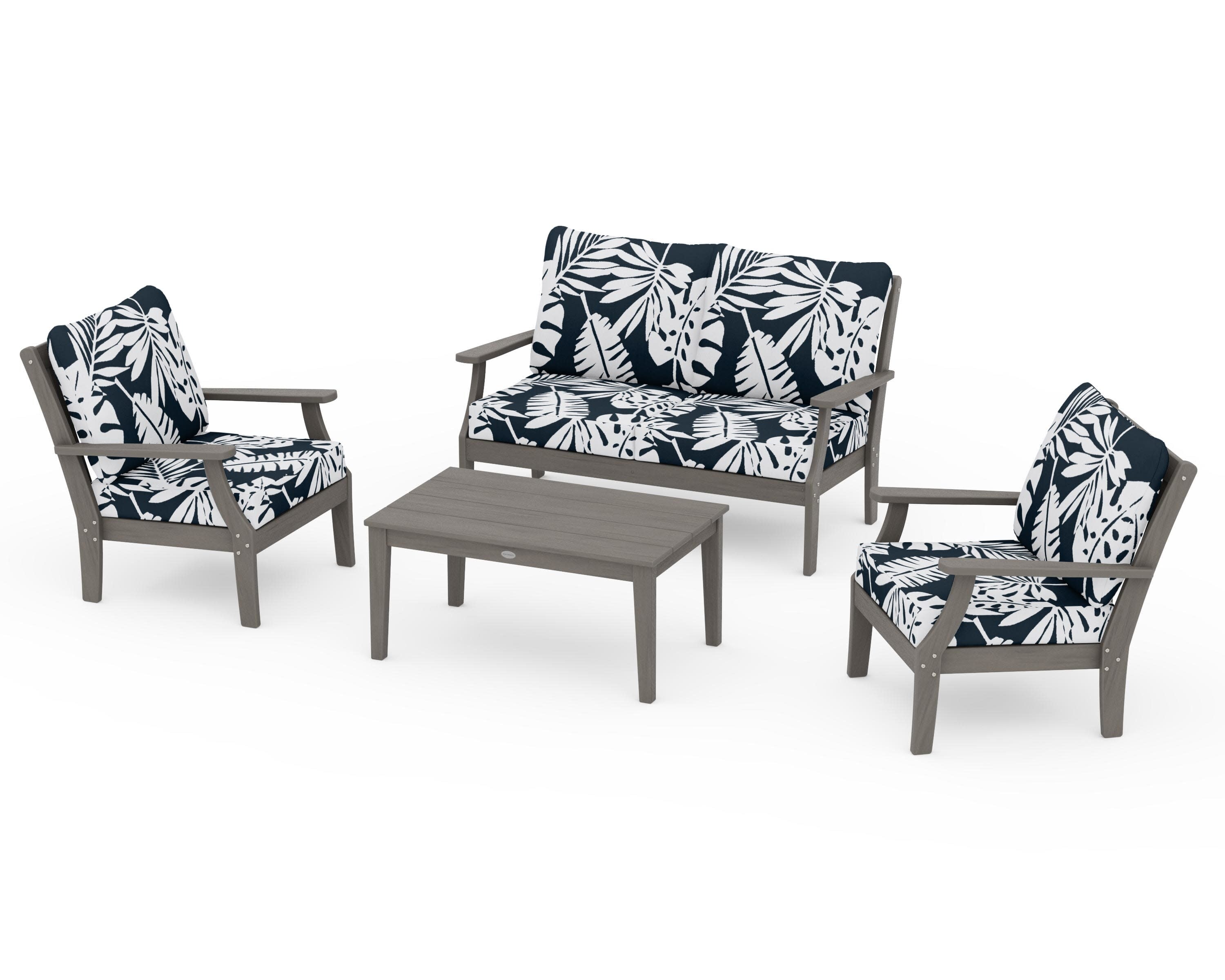 Braxton 4-Piece Deep Seating Chair Set in Driftwood / Leaf Marine Indigo