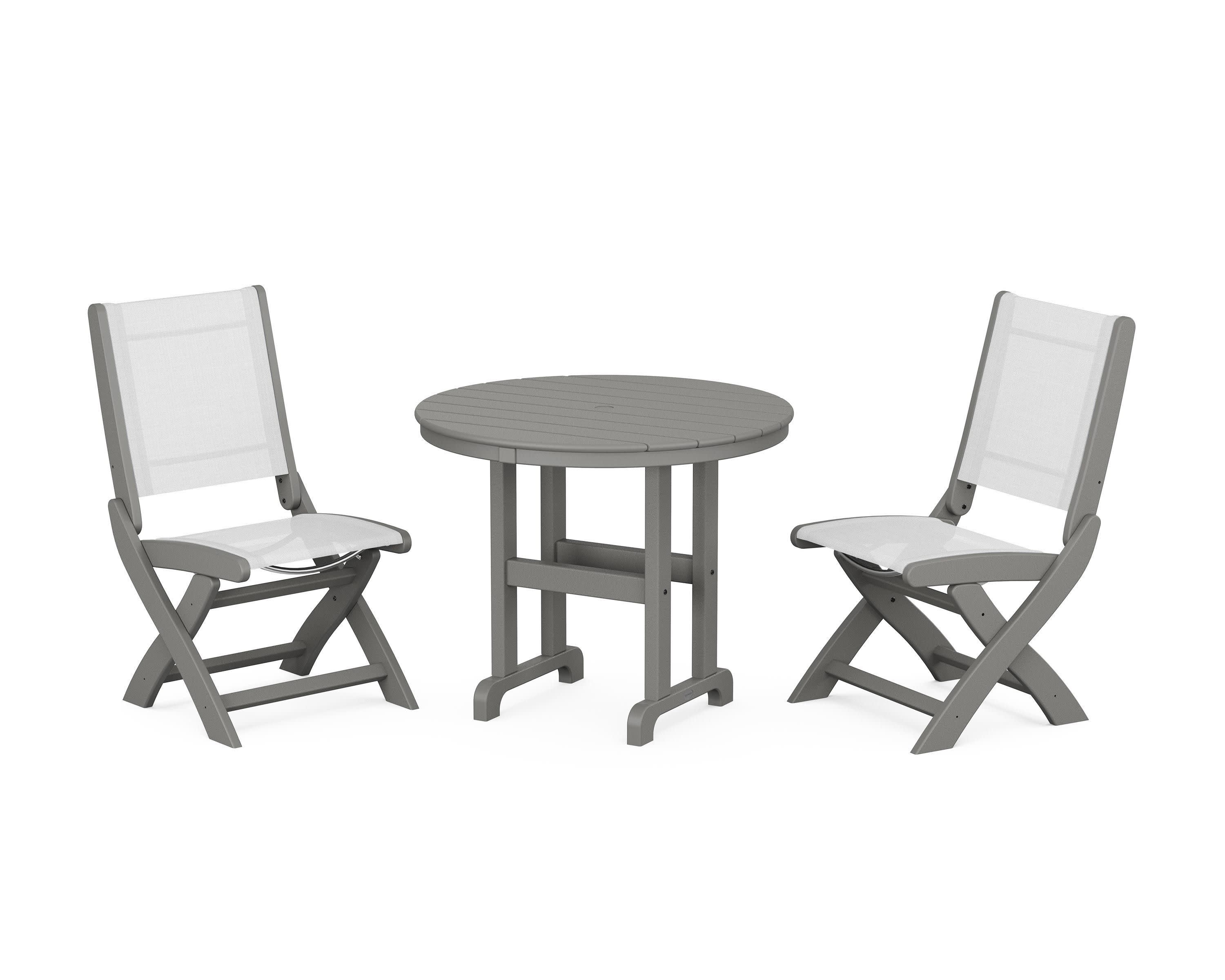 Coastal Folding Side Chair 3-Piece Round Dining Set in Slate Grey / White Sling