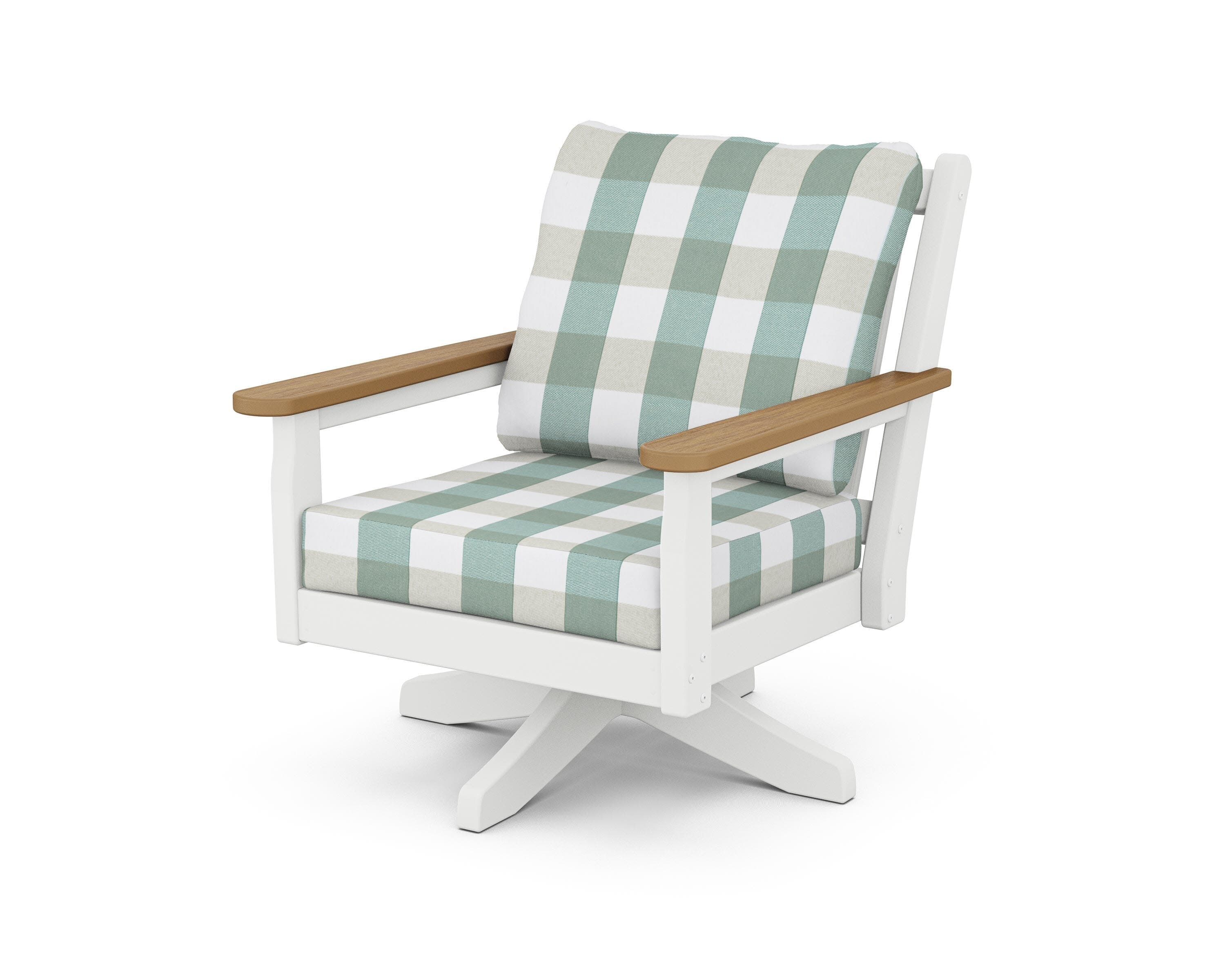 Chippendale Deep Seating Swivel Chair in White / Natural / Buffalo Plaid Glacier Spa