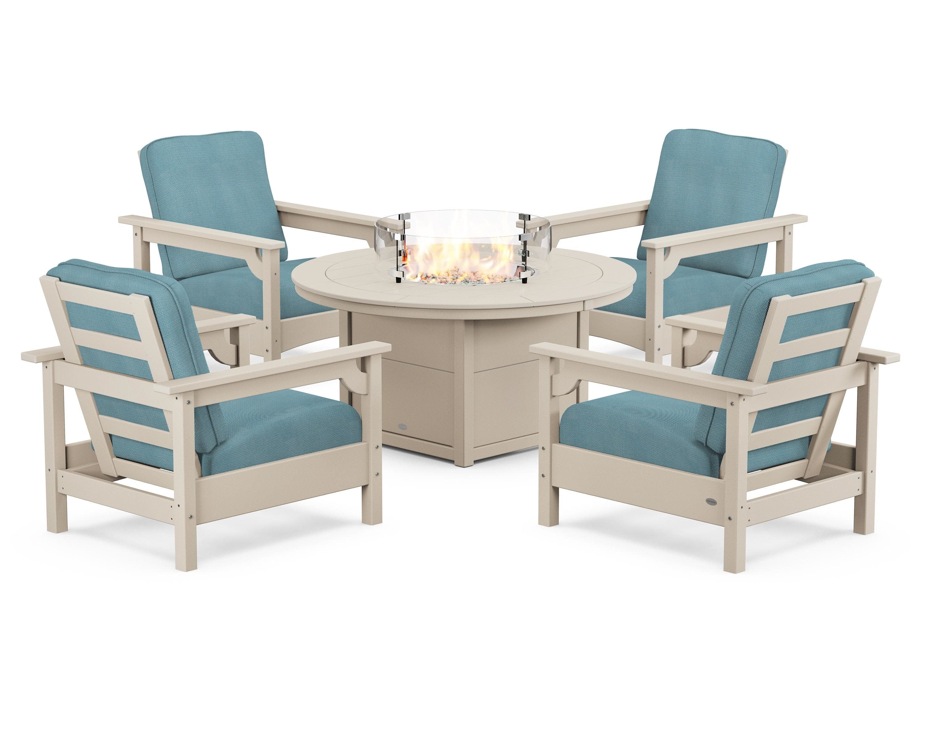 Club 5-Piece Conversation Set with Fire Pit Table in Sand / Lattice Sky Blue