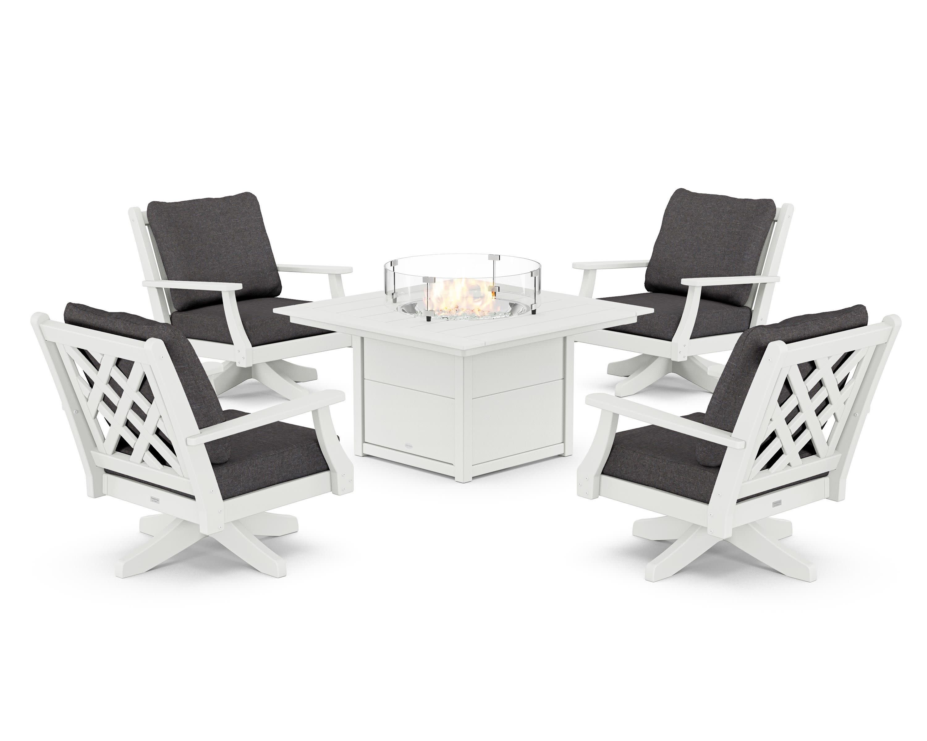 Wovendale 5-Piece Deep Seating Swivel Conversation Set with Fire Pit Table in White / Ash Charcoal
