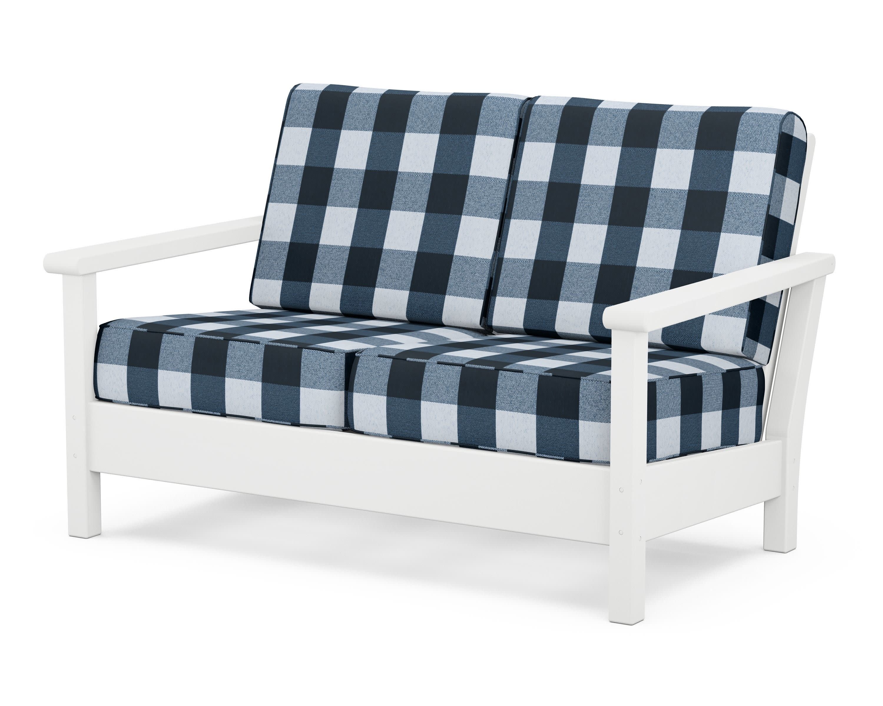 Harbour Deep Seating Loveseat in White / Buffalo Plaid Marine Indigo