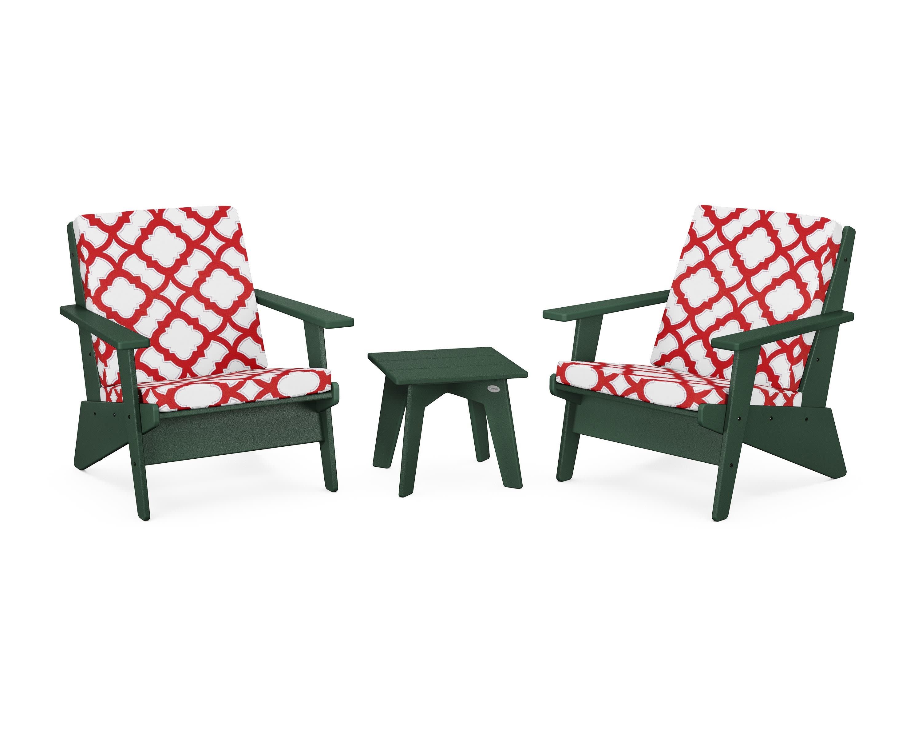Riviera Modern Lounge 3-Piece Set in Green / Trellis Crimson