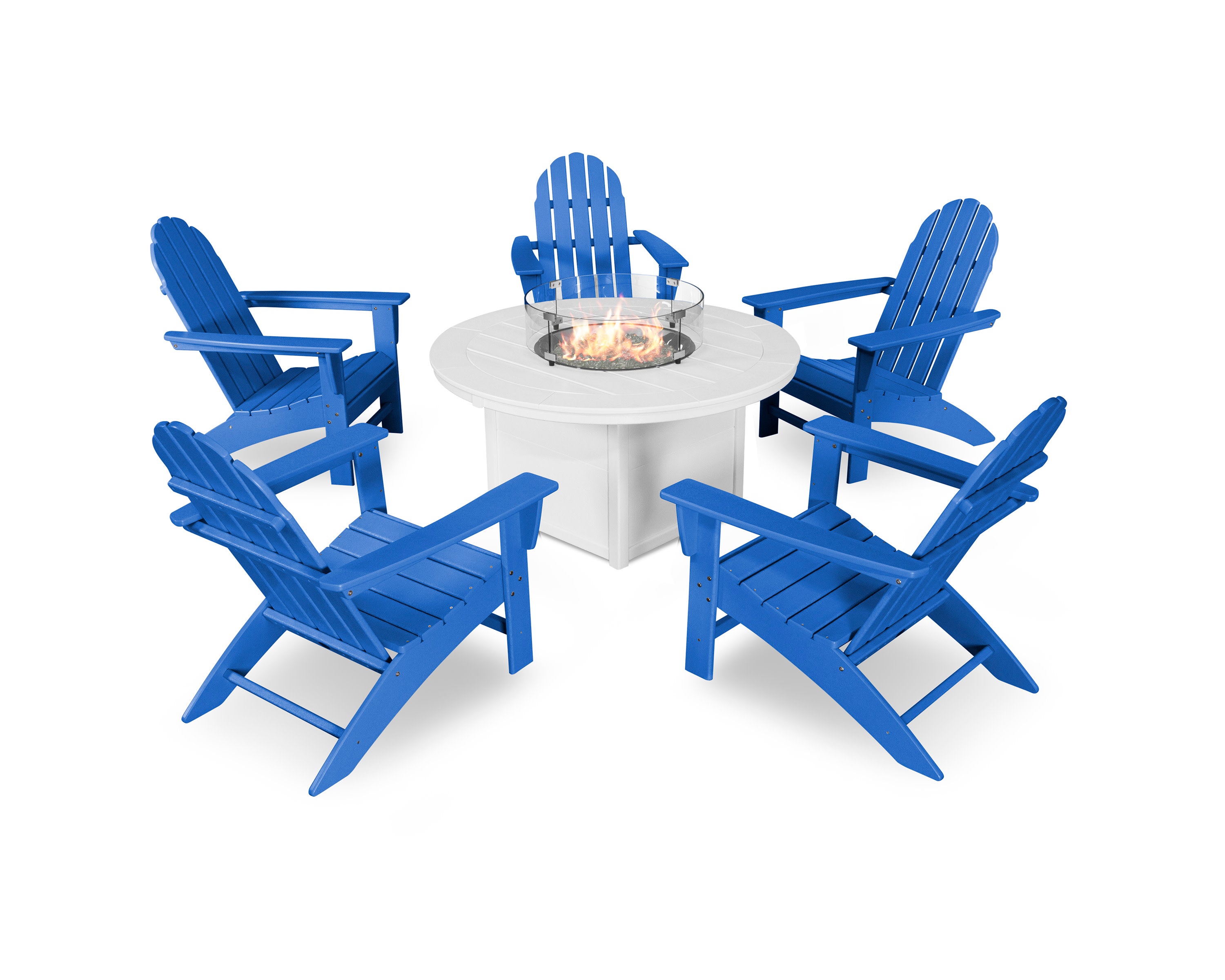 Vineyard Adirondack 6-Piece Chat Set with Fire Pit Table in Pacific Blue / White