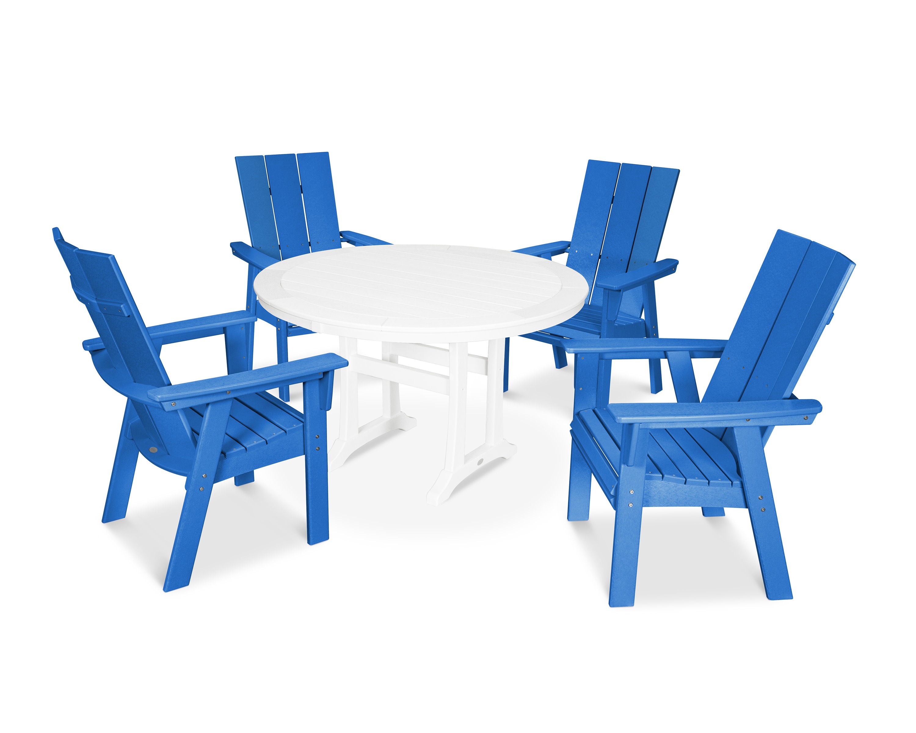 Modern Curveback Adirondack 5-Piece Nautical Trestle Dining Set in Pacific Blue / White
