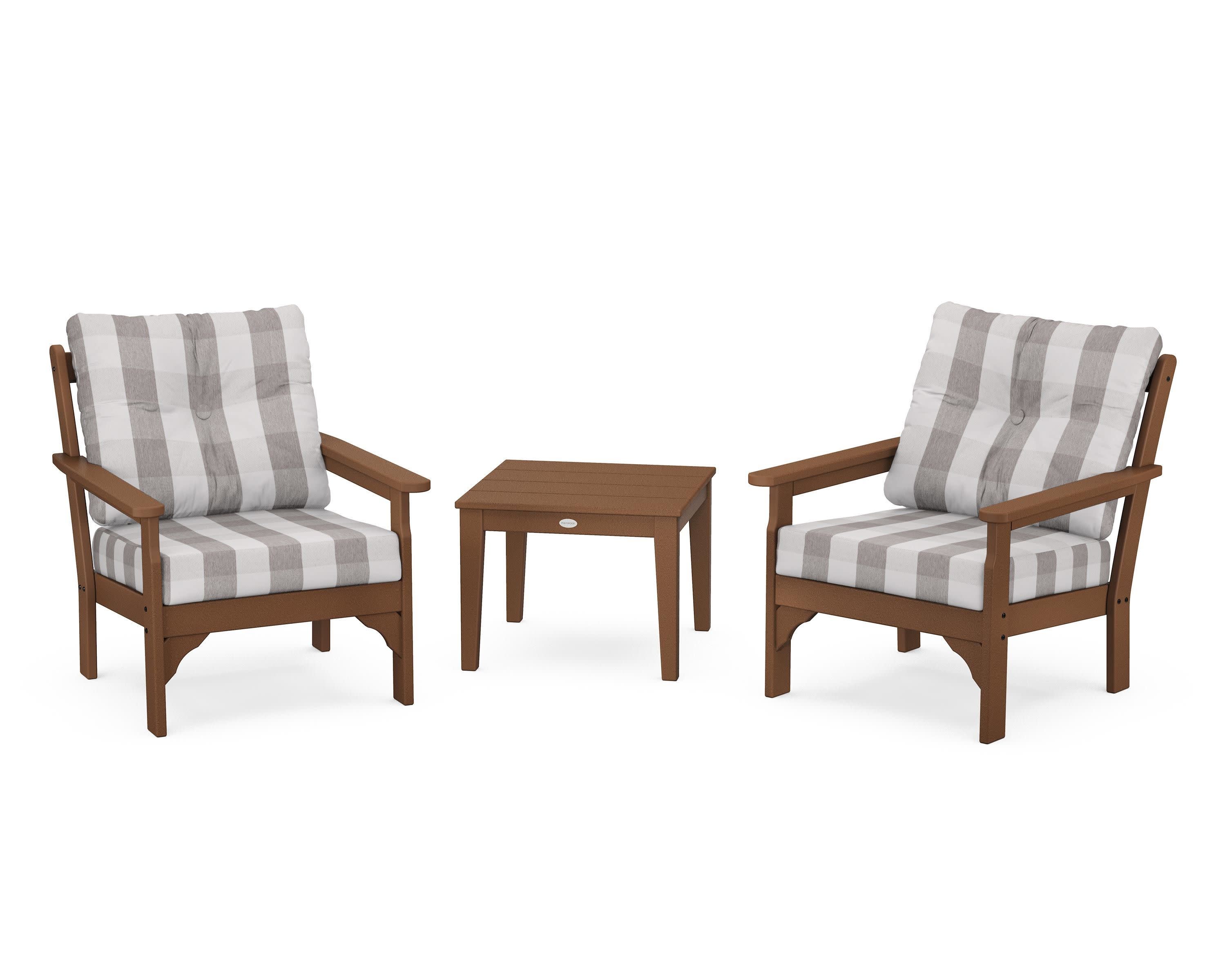 Vineyard 3-Piece Deep Seating Set in Teak / Buffalo Plaid Grey Mist