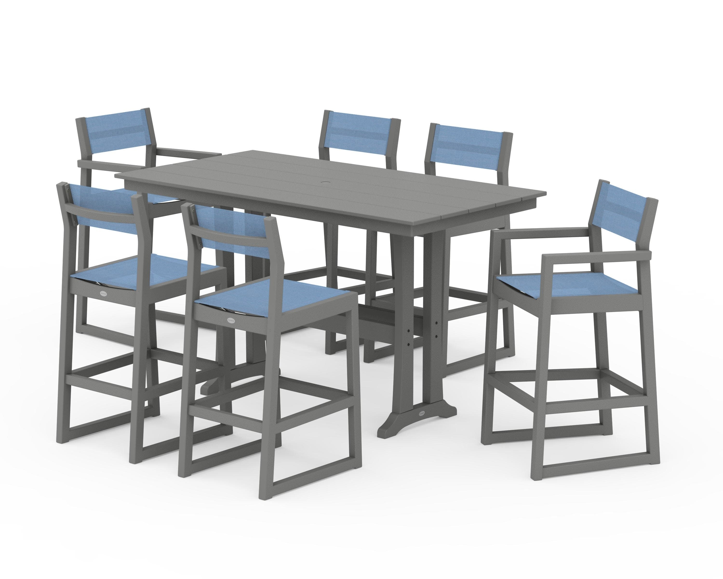 EDGE Sling 7-Piece Farmhouse Bar Set with Trestle Legs in Slate Grey / Poolside Sling
