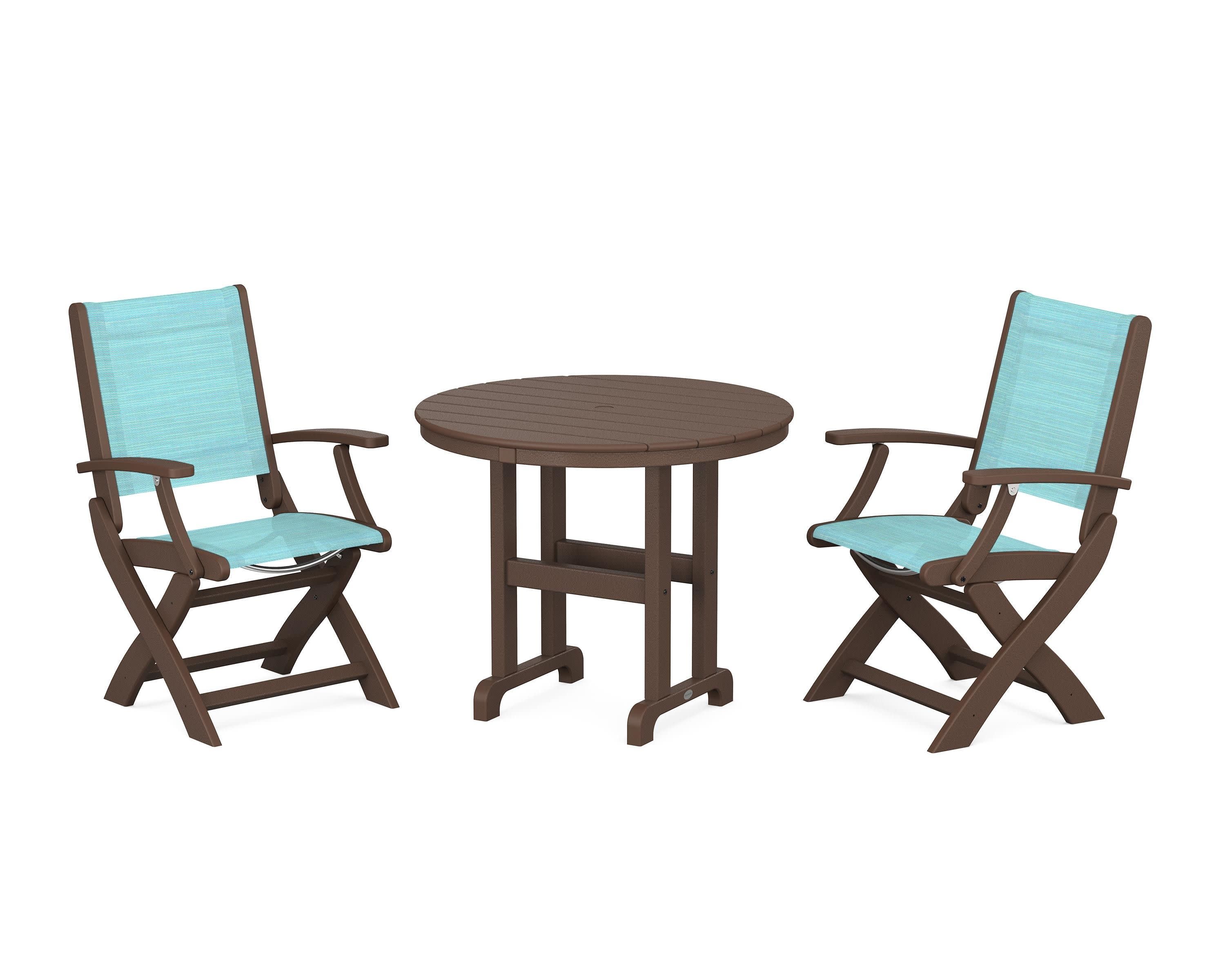 Coastal Folding Chair 3-Piece Round Dining Set in Mahogany / Dupioni Aquamarine Sling