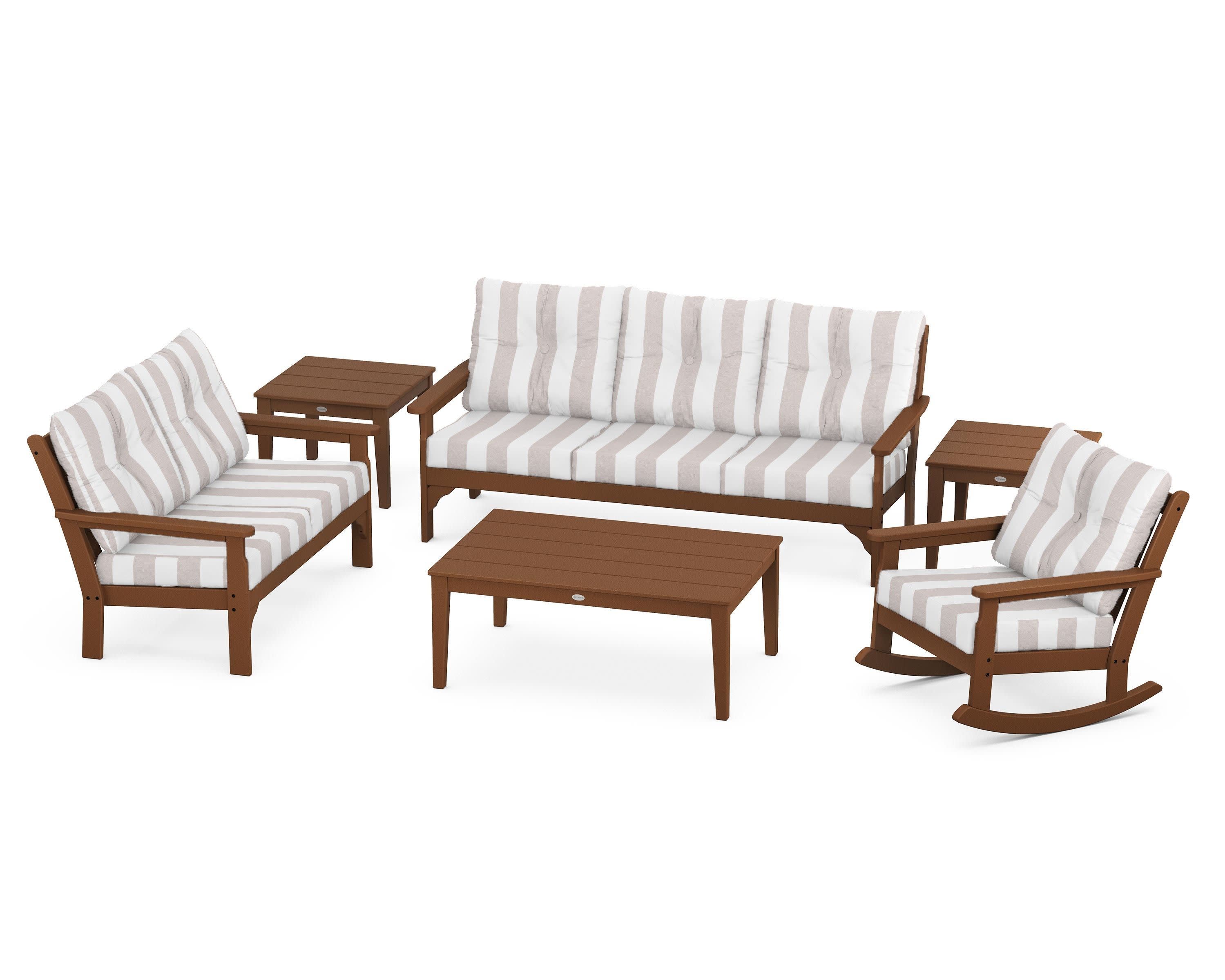 Vineyard 6-Piece Deep Seating Set in Teak / Cabana Stripe Dune Burlap