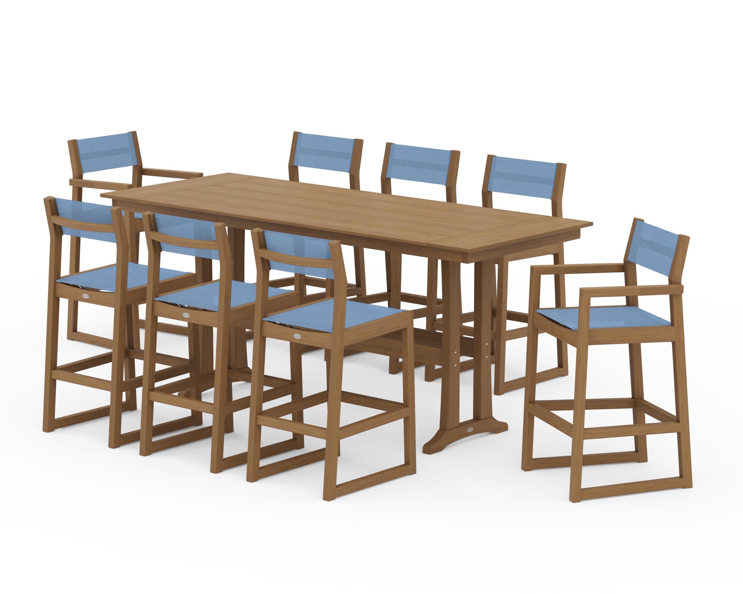 EDGE Sling 9-Piece Farmhouse Bar Set with Trestle Legs in Natural / Poolside Sling