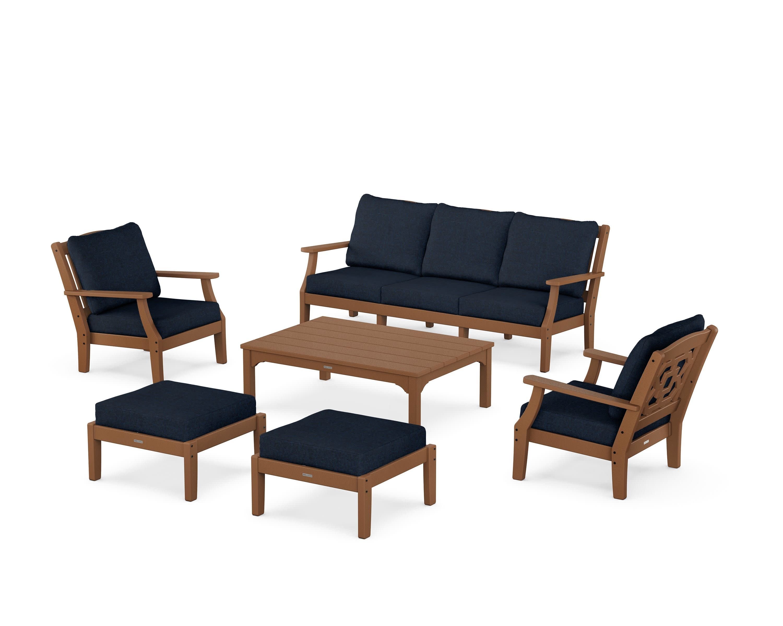 Chinoiserie 6-Piece Lounge Sofa Set in Teak / Marine Indigo