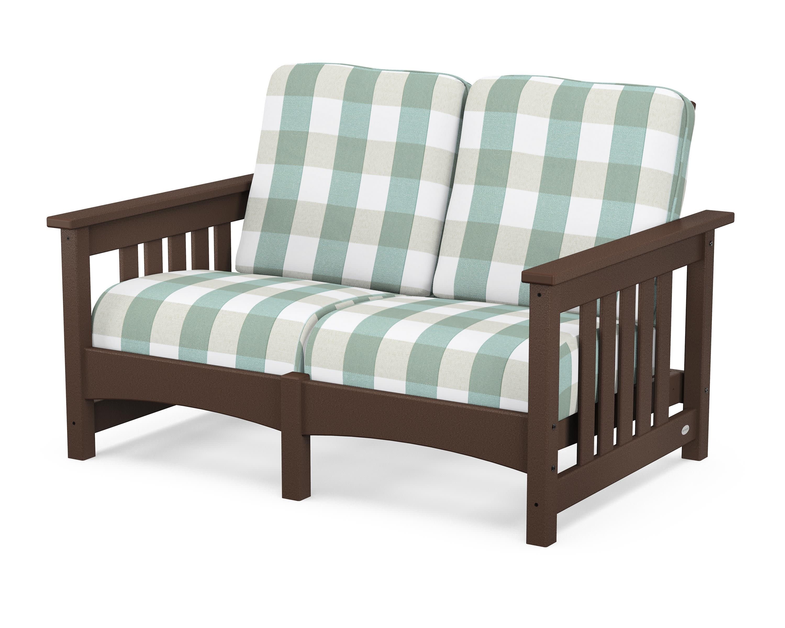 Club Mission Loveseat in Mahogany / Buffalo Plaid Glacier Spa