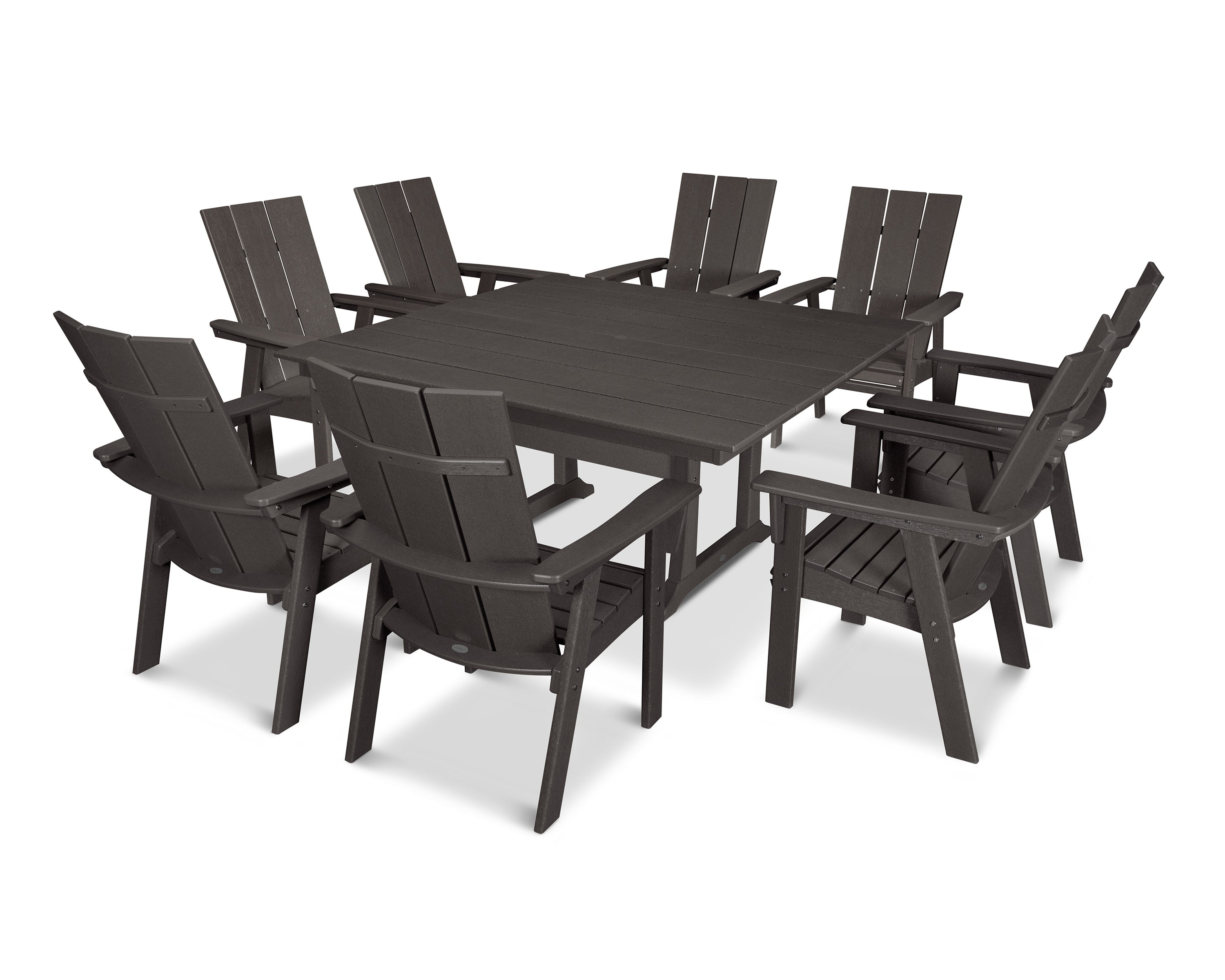 Modern Curveback Adirondack 9-Piece Farmhouse Trestle Dining Set in Vintage Coffee
