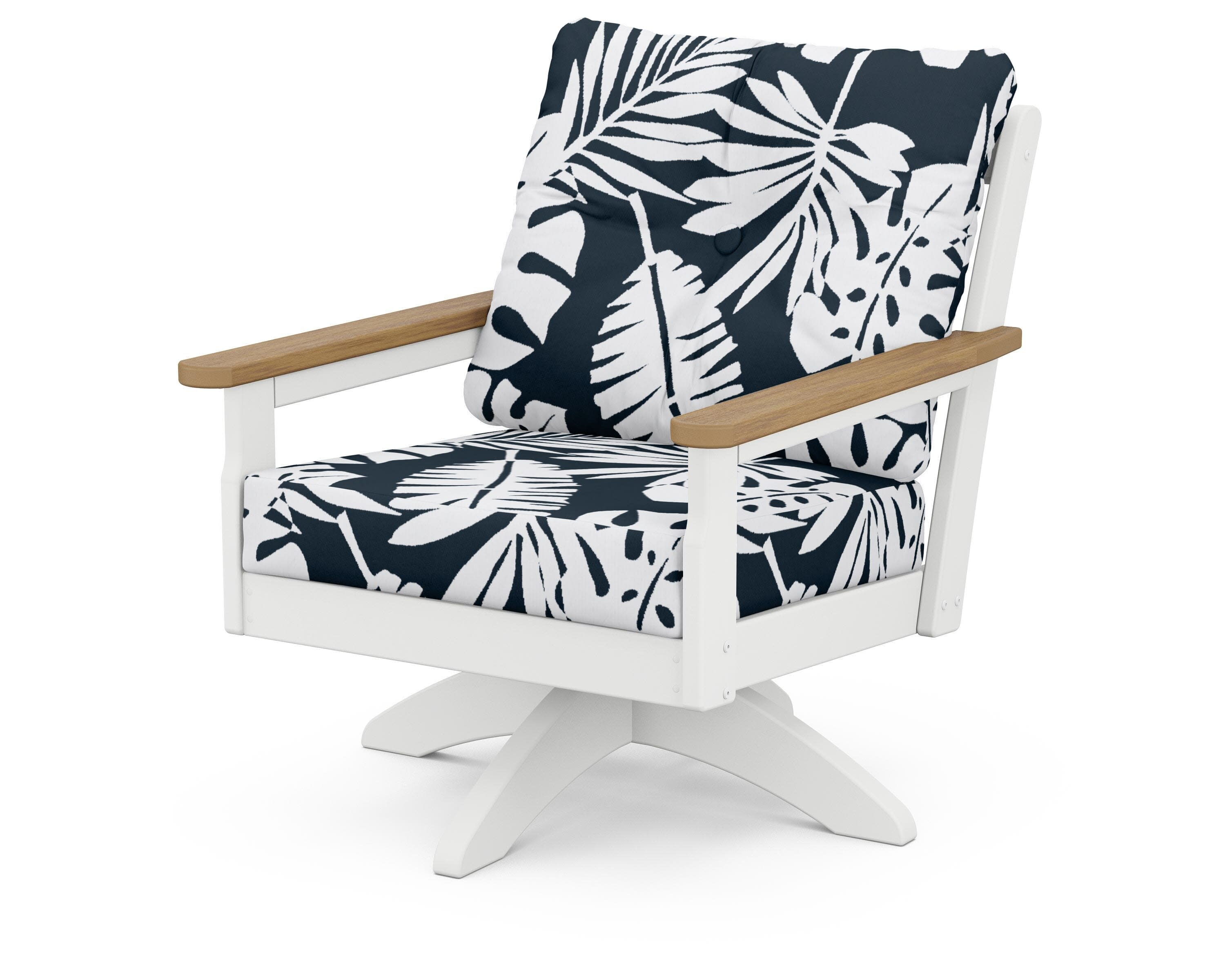 Vineyard Deep Seating Swivel Chair in White / Natural / Leaf Marine Indigo