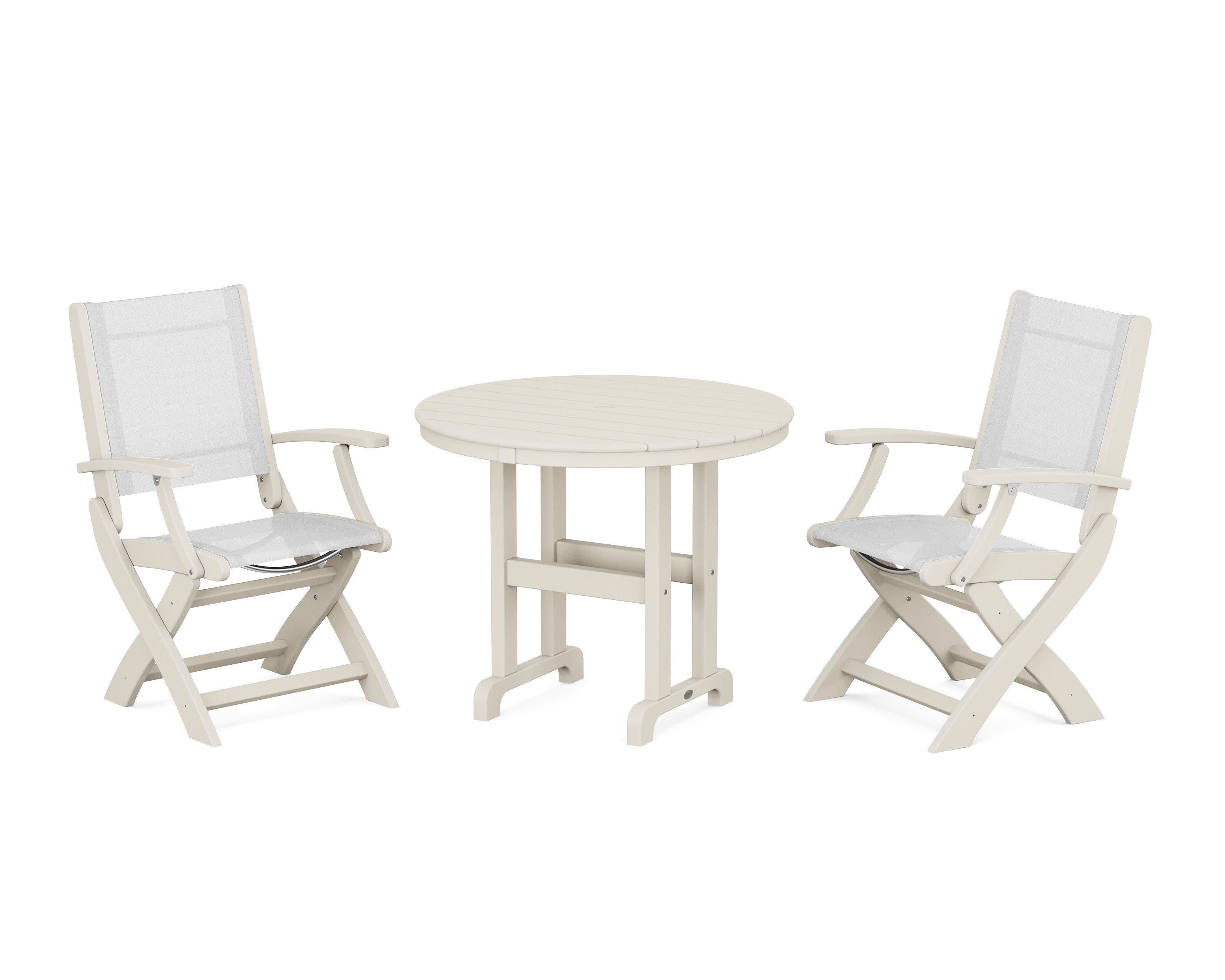 Coastal Folding Chair 3-Piece Round Dining Set in Sand / White Sling