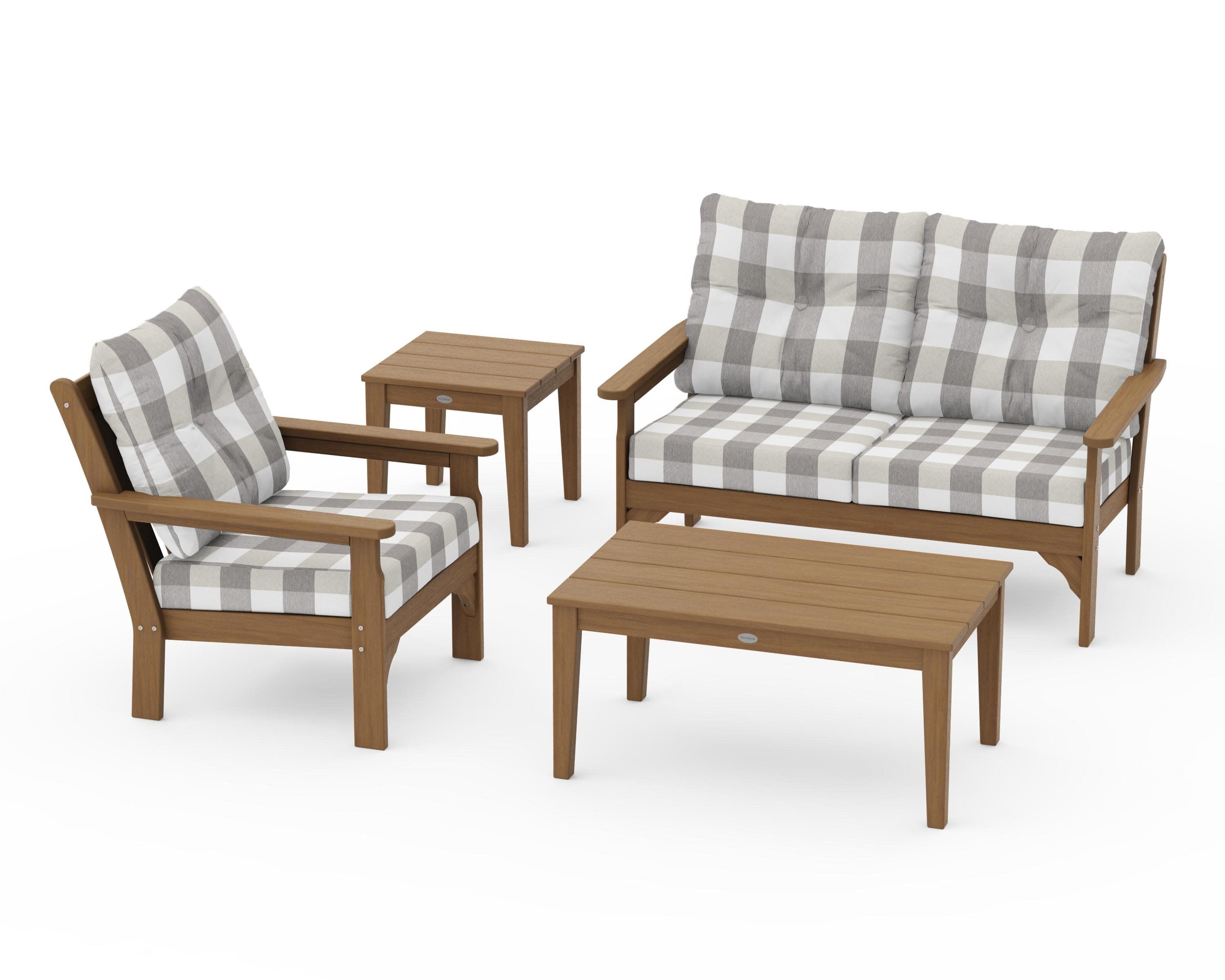 Vineyard 4-Piece Deep Seating Set in Natural / Buffalo Plaid Grey Mist