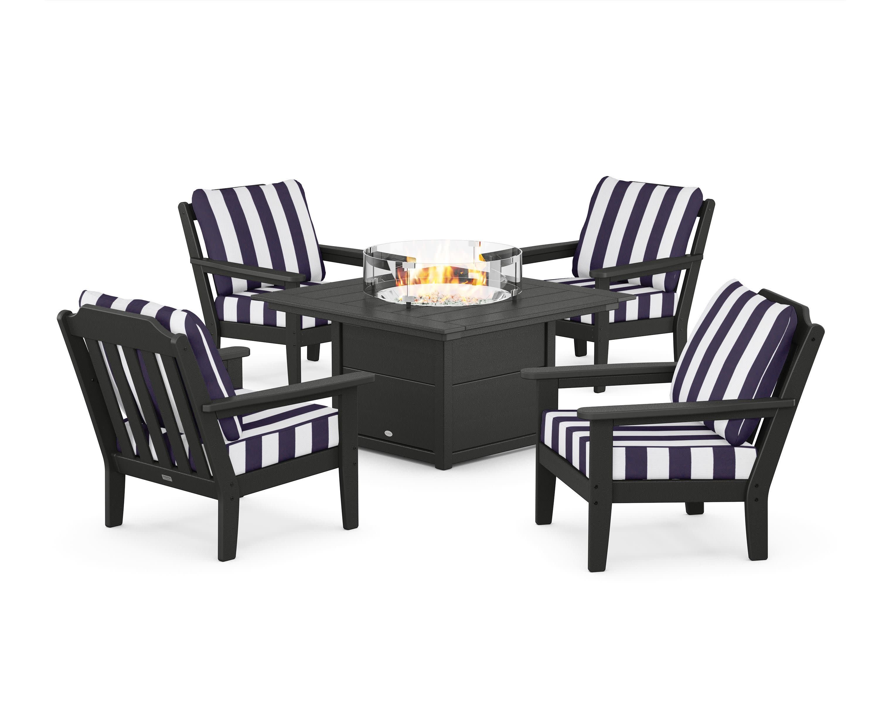 Cottage 5-Piece Deep Seating Set with Fire Pit Table in Black / Cabana Stripe Navy