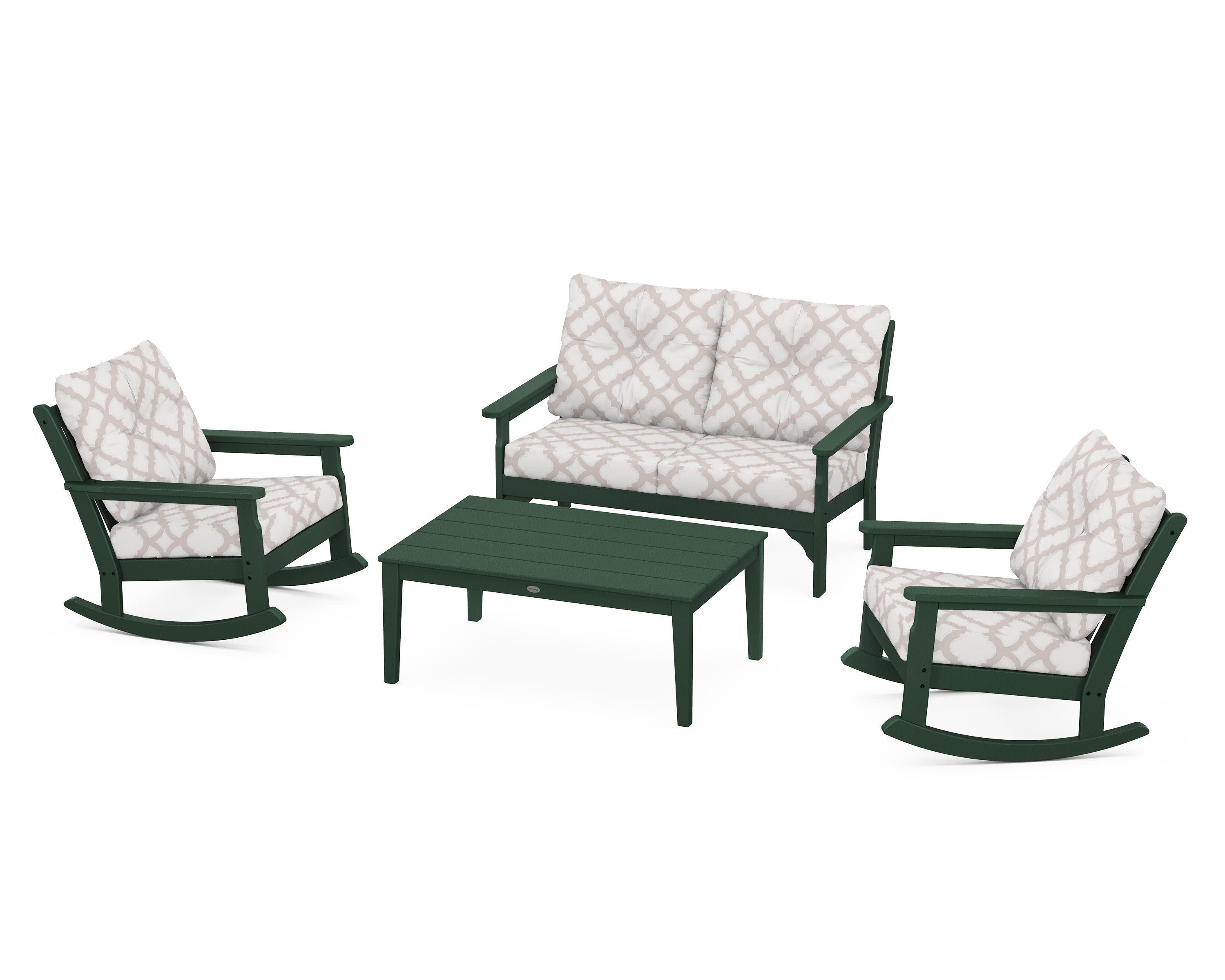 Vineyard 4-Piece Deep Seating Rocking Chair Set in Green / Trellis Dune Burlap