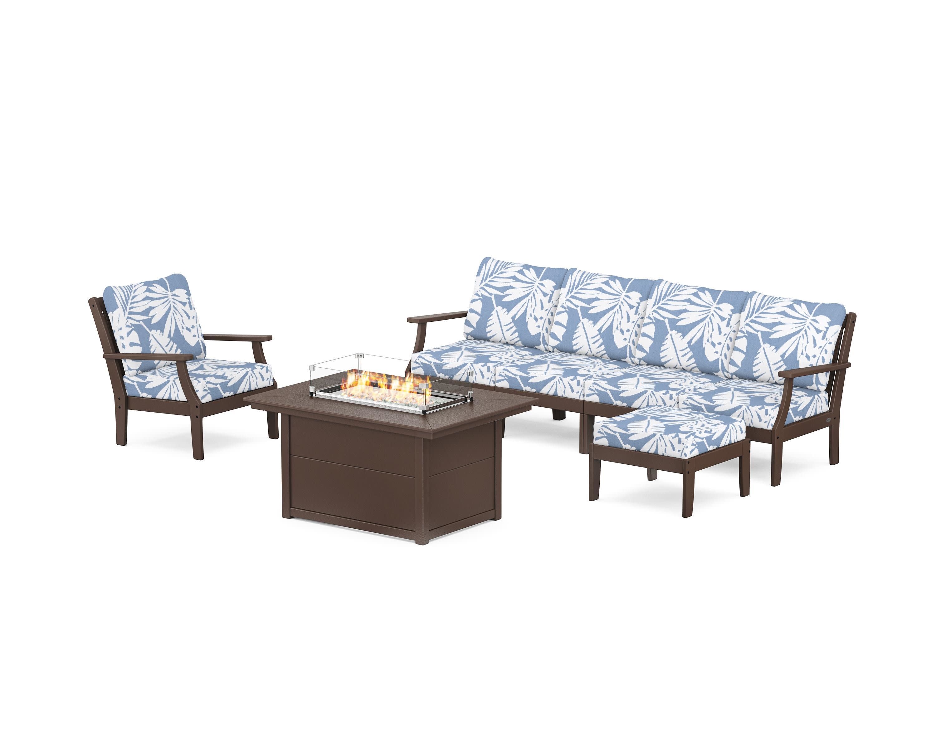 Braxton Sectional Lounge and Fire Pit Set in Mahogany / Leaf Sky Blue
