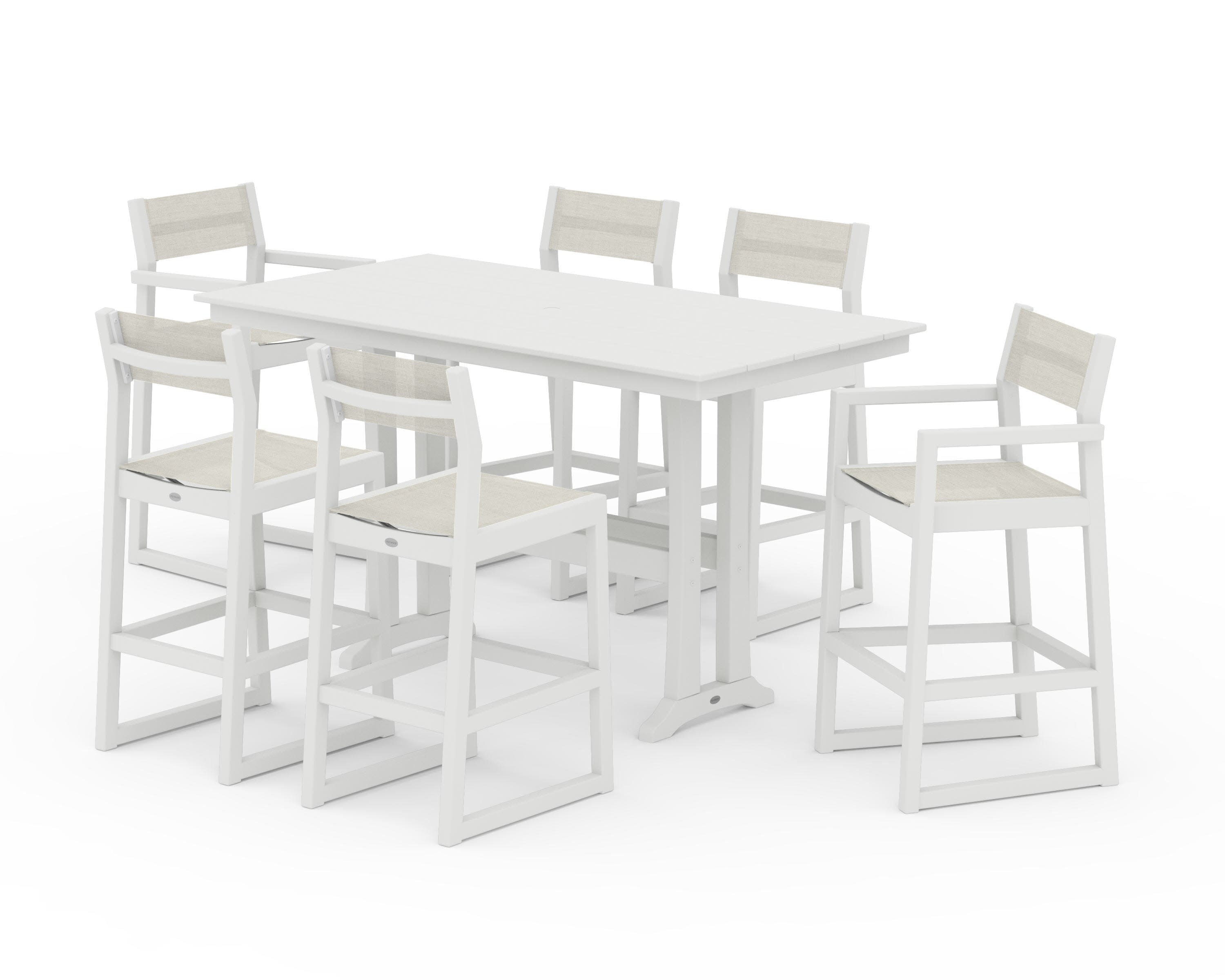 EDGE Sling 7-Piece Farmhouse Bar Set with Trestle Legs in Vintage White / Parchment Sling