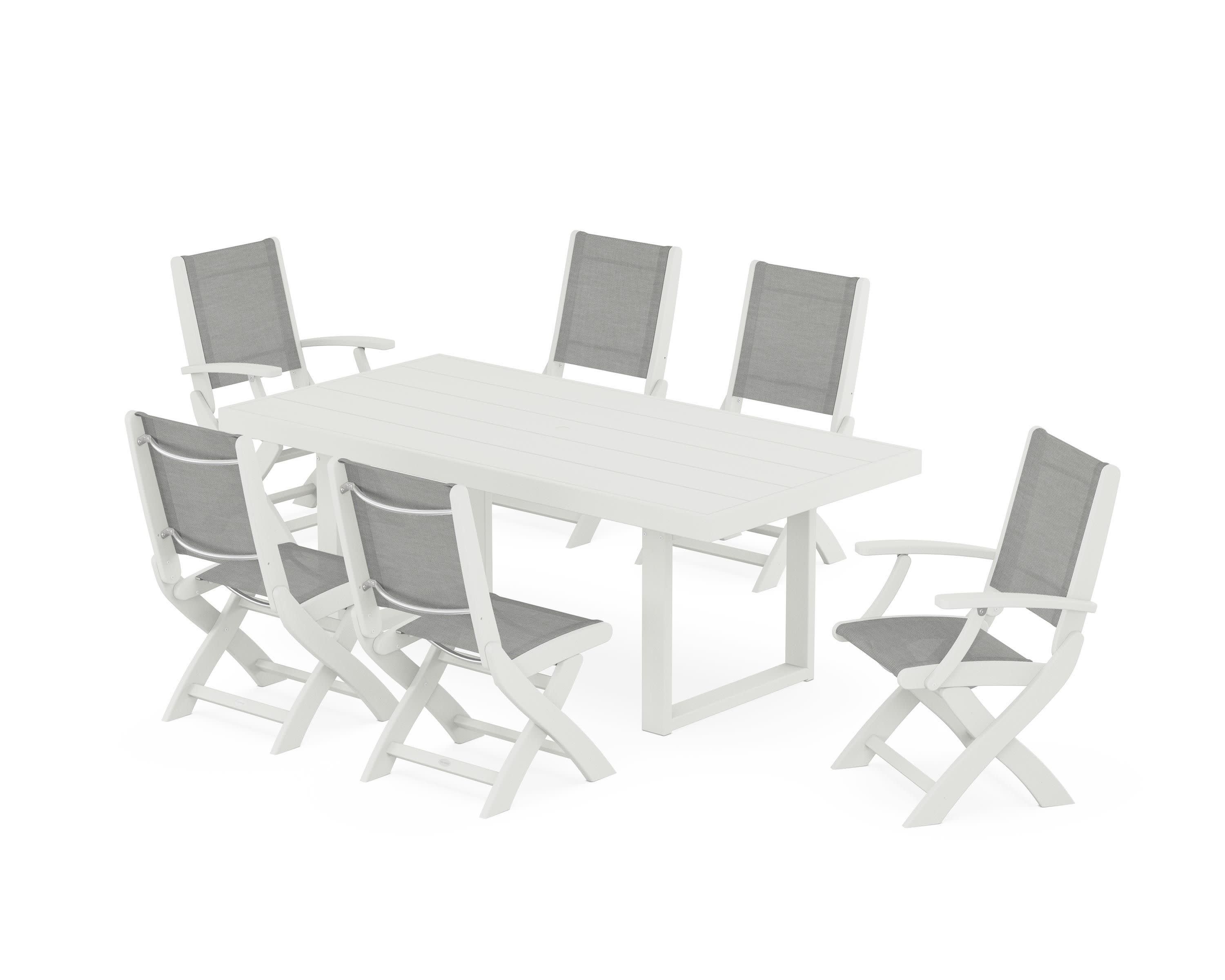 Coastal Folding Chair 7-Piece Dining Set with Trestle Legs in Vintage White / Metallic Sling