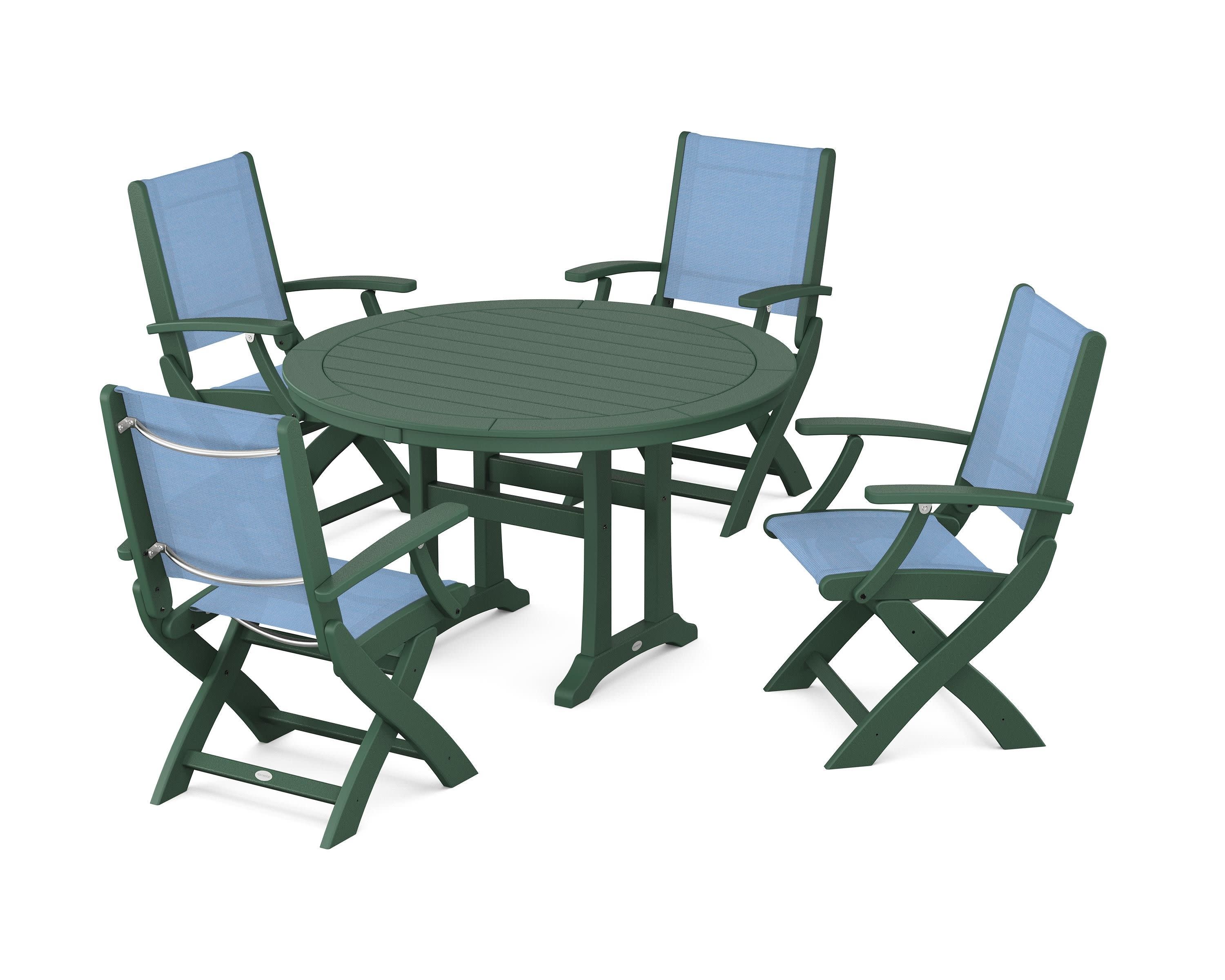 Coastal Folding Chair 5-Piece Round Dining Set with Trestle Legs in Green / Poolside Sling