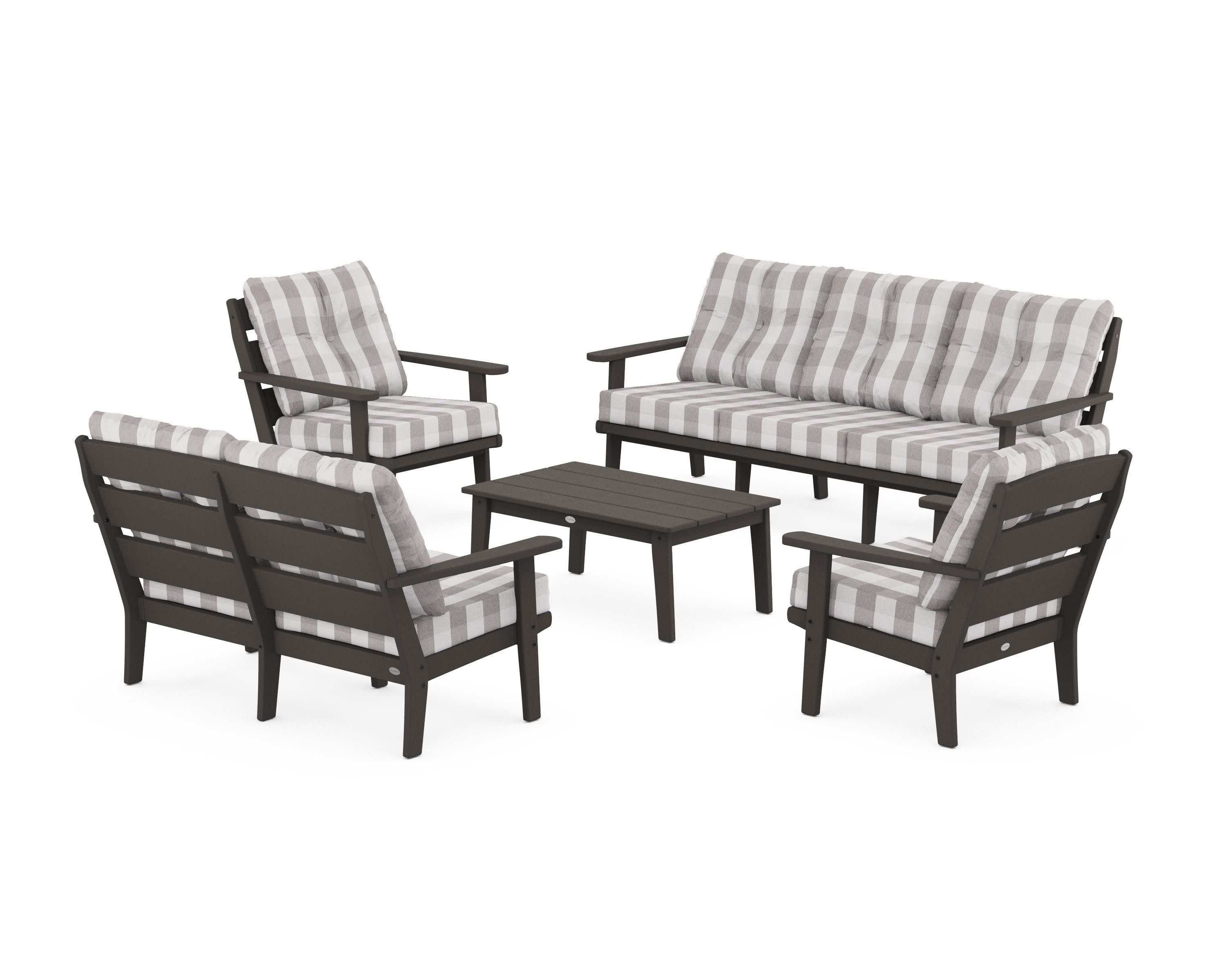 Lakeside 5-Piece Lounge Sofa Set in Vintage Coffee / Buffalo Plaid Grey Mist