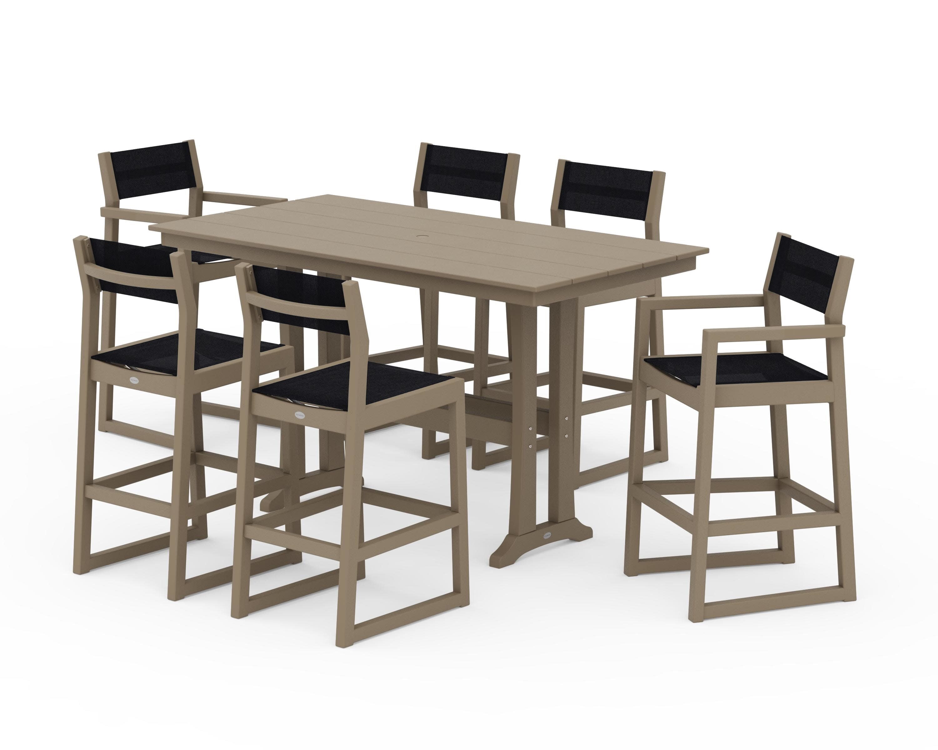 EDGE Sling 7-Piece Farmhouse Bar Set with Trestle Legs in Vintage Sahara / Black Sling