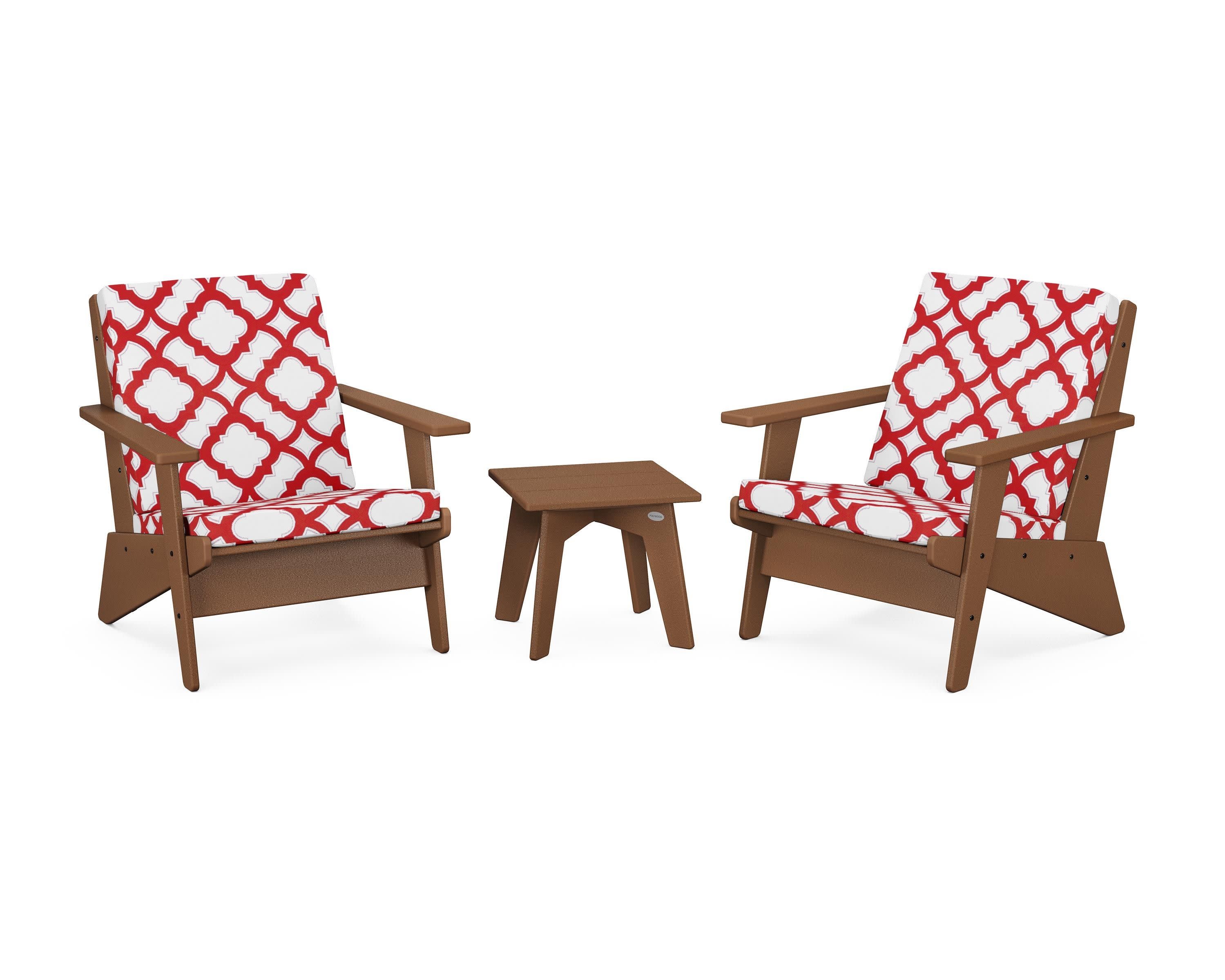Riviera Modern Lounge 3-Piece Set in Teak / Trellis Crimson