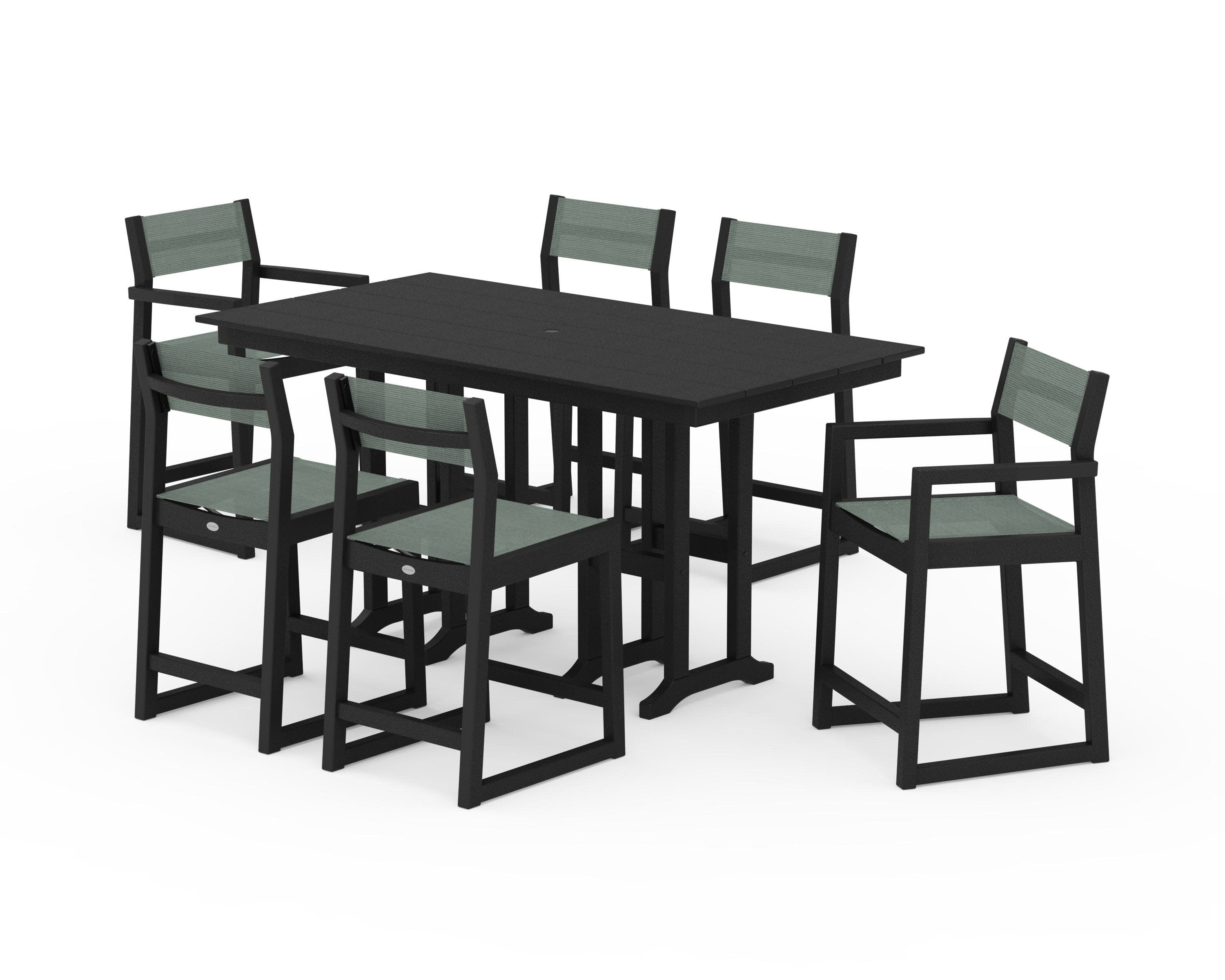 EDGE Sling 7-Piece Farmhouse Counter Set with Trestle Legs in Black / Dupioni Sea Mist Sling