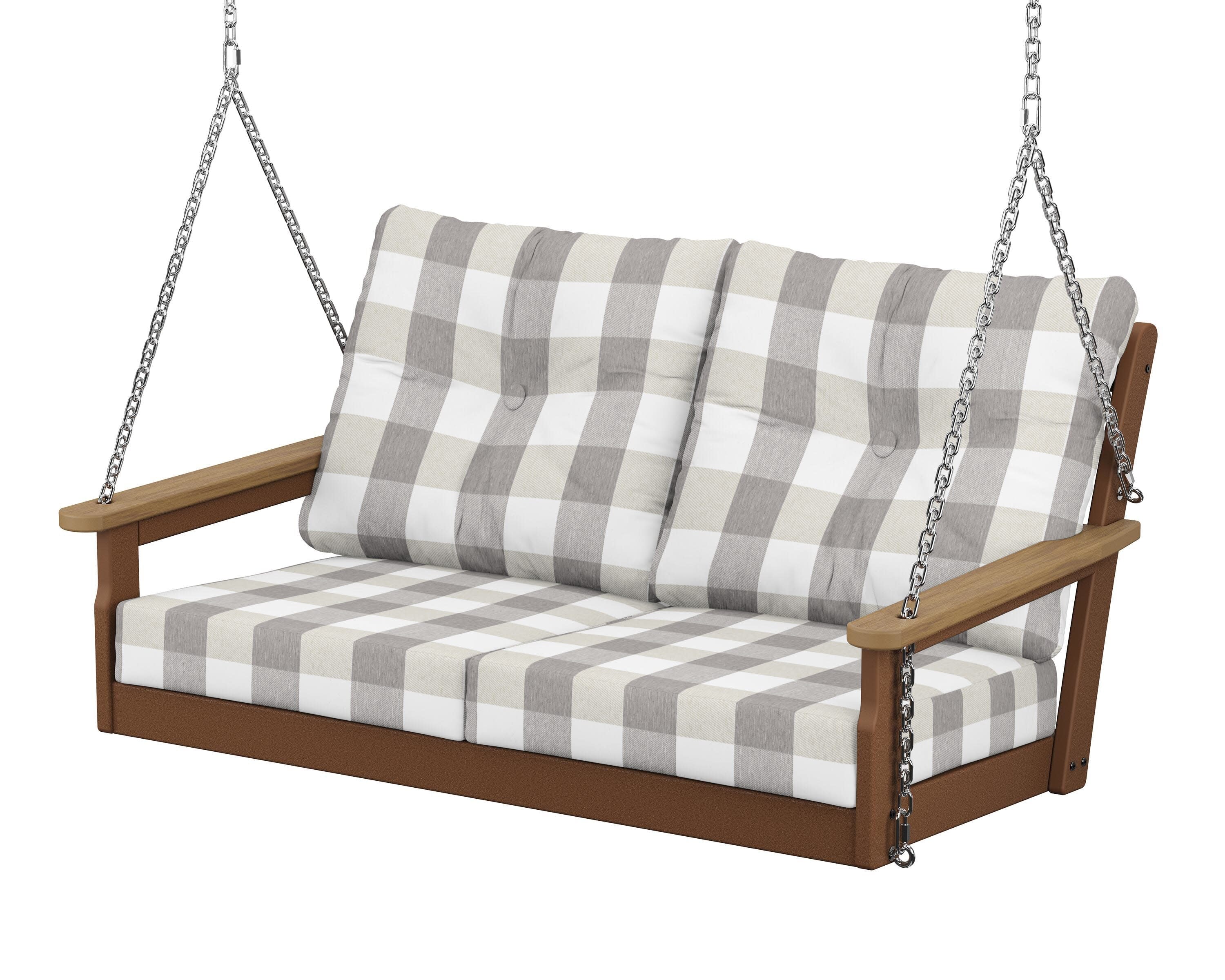 Vineyard Deep Seating Swing in Teak / Natural / Buffalo Plaid Grey Mist