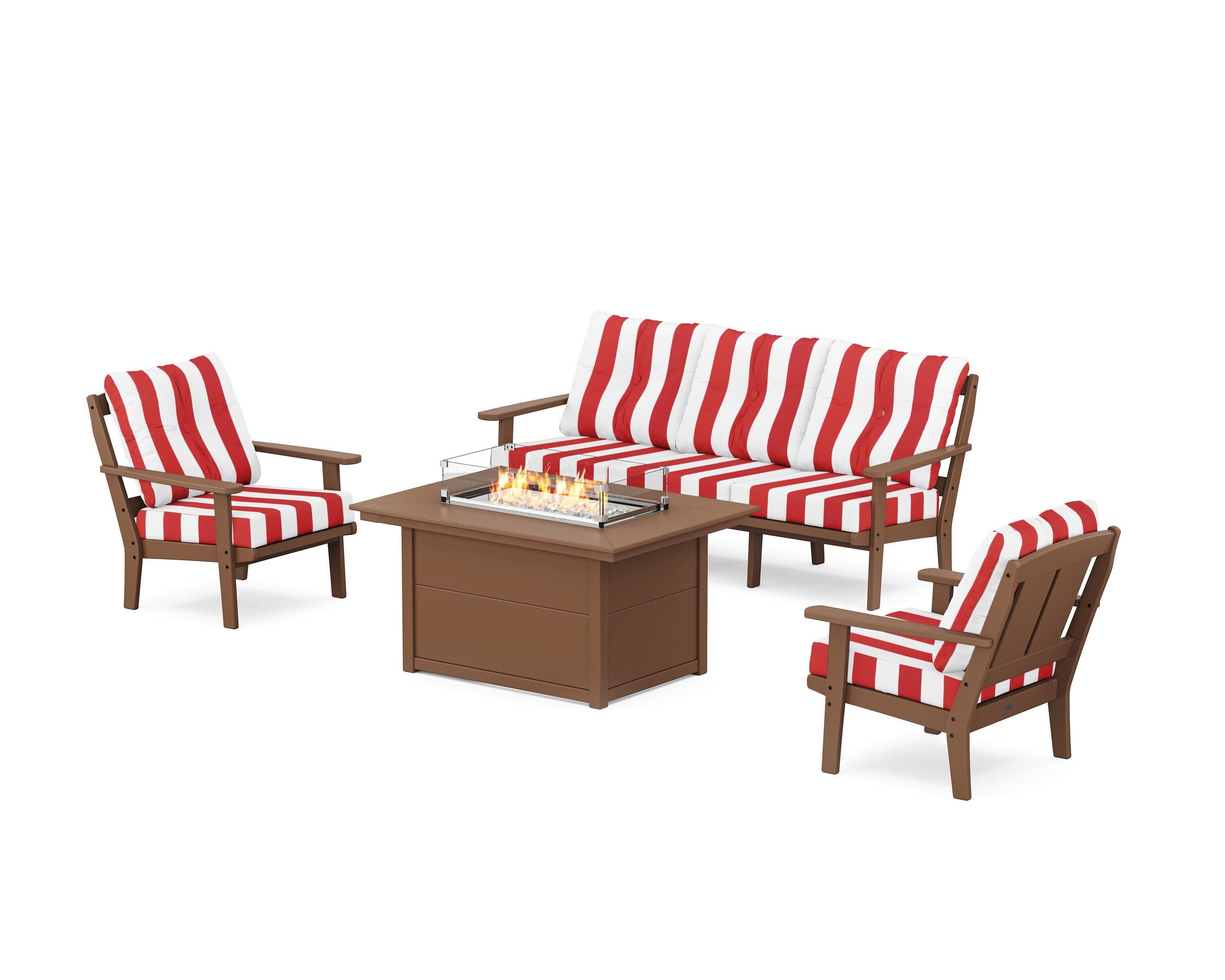 Mission Deep Seating Fire Pit Table Set in Teak / Cabana Stripe Crimson