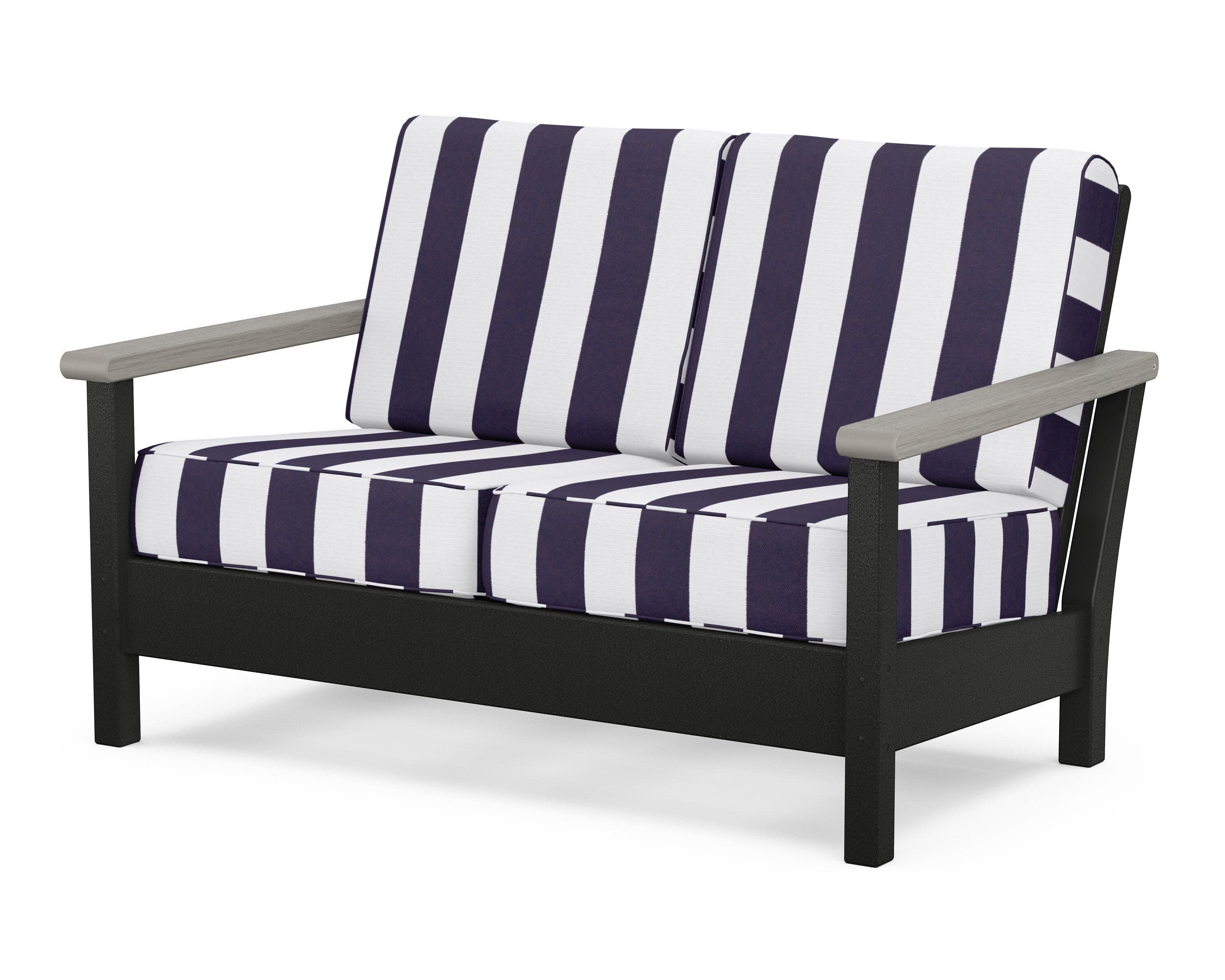 Harbour Deep Seating Loveseat in Black / Driftwood / Cabana Stripe Navy
