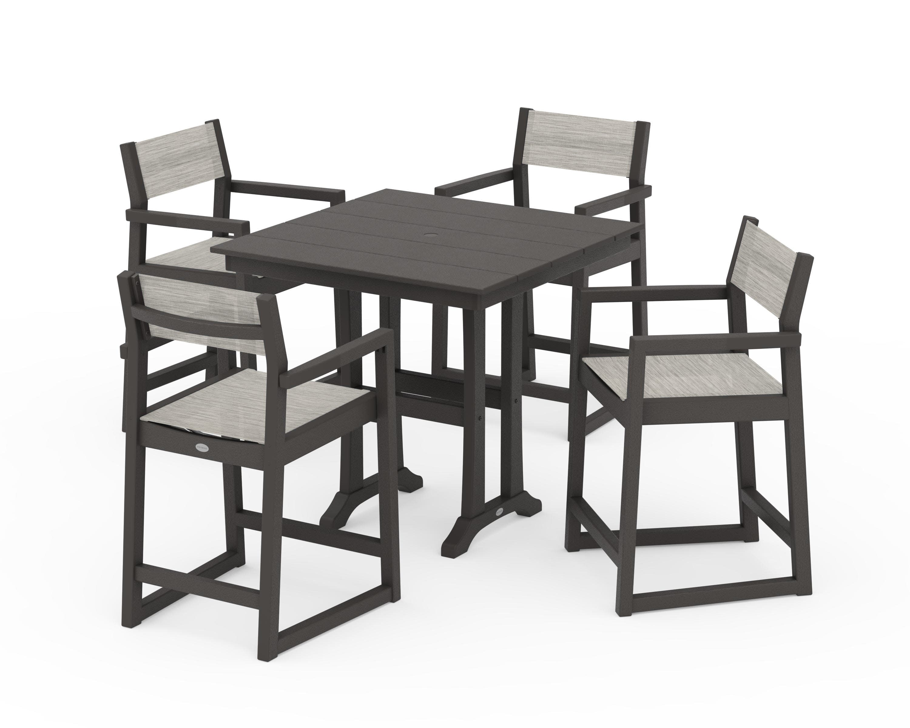 EDGE Sling Arm Chair 5-Piece Farmhouse Counter Set with Trestle Legs in Vintage Coffee / Birch Sling