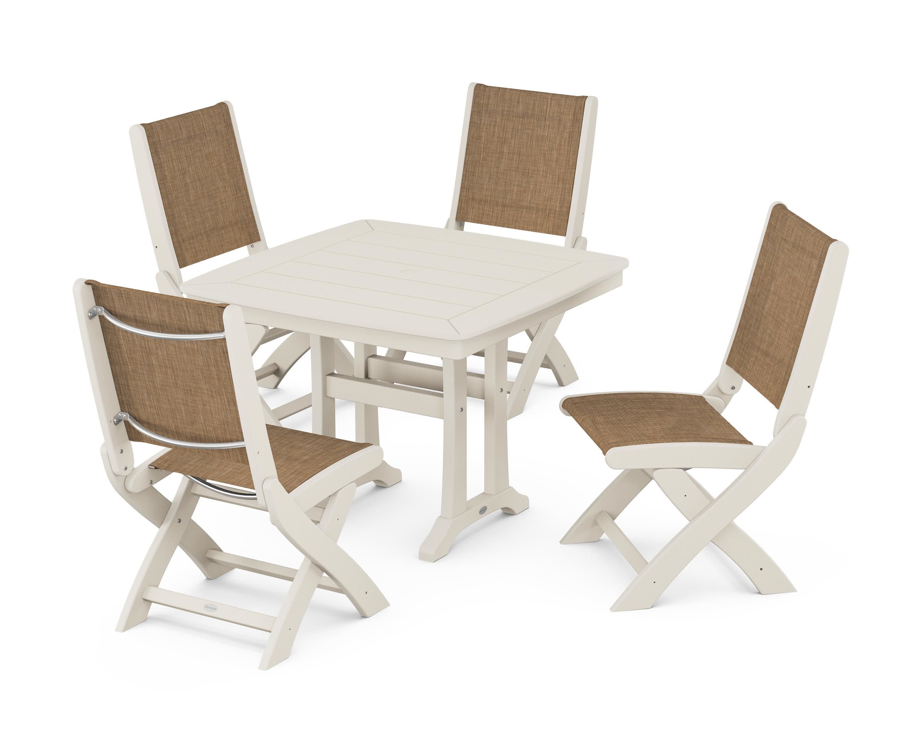 Coastal Folding Side Chair 5-Piece Dining Set with Trestle Legs in Sand / Burlap Sling