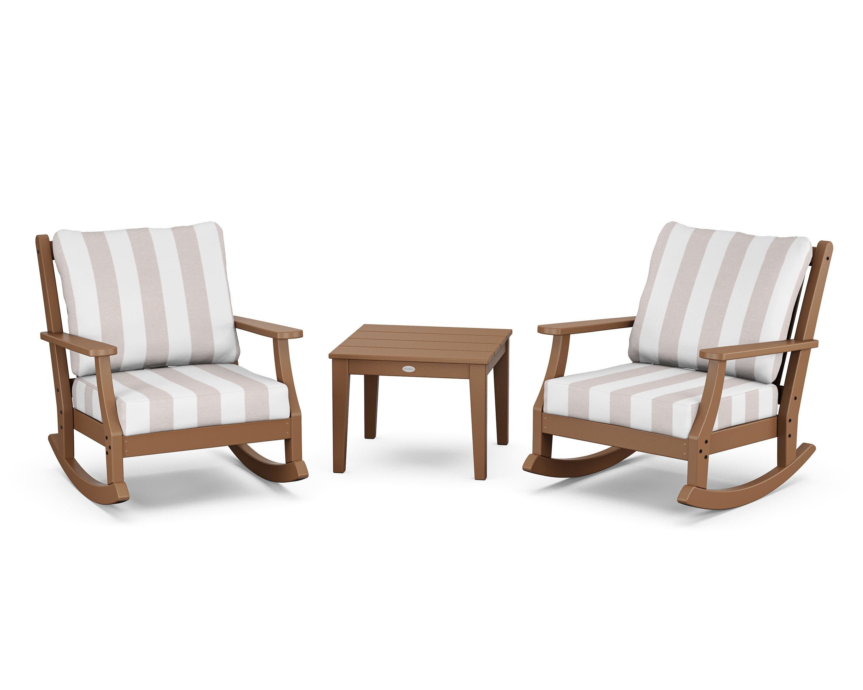 Wovendale 3-Piece Deep Seating Rocker Set in Teak / Cabana Stripe Dune Burlap