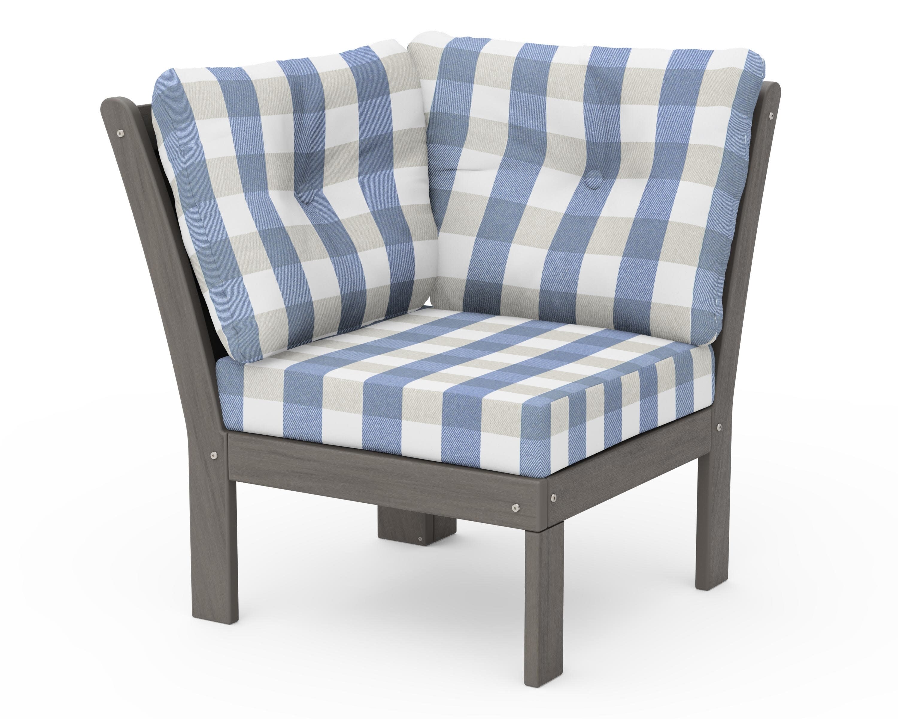 Vineyard Modular Corner Chair in Driftwood / Buffalo Plaid Sky Blue