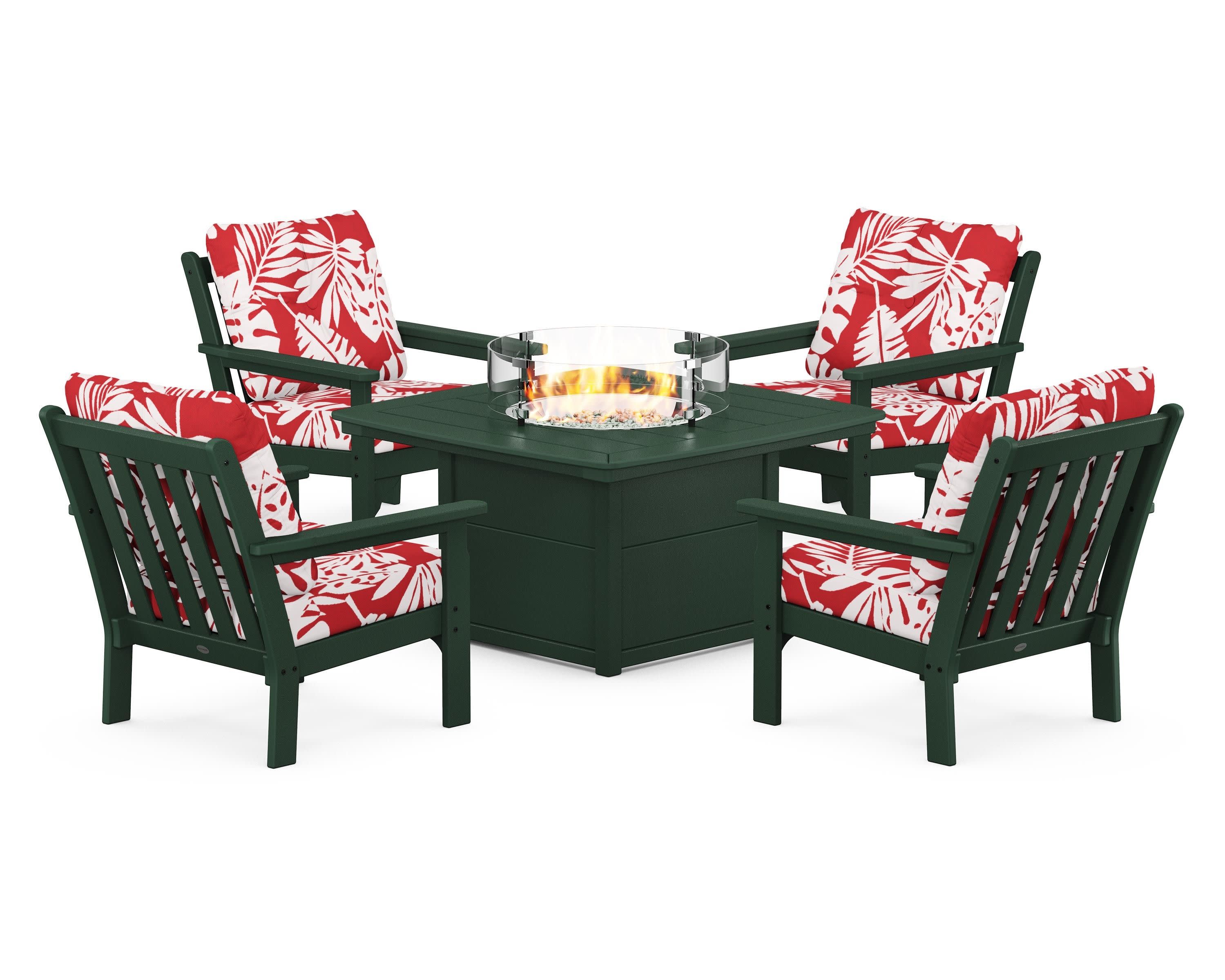 Vineyard 5-Piece Conversation Set with Fire Pit Table in Green / Leaf Crimson