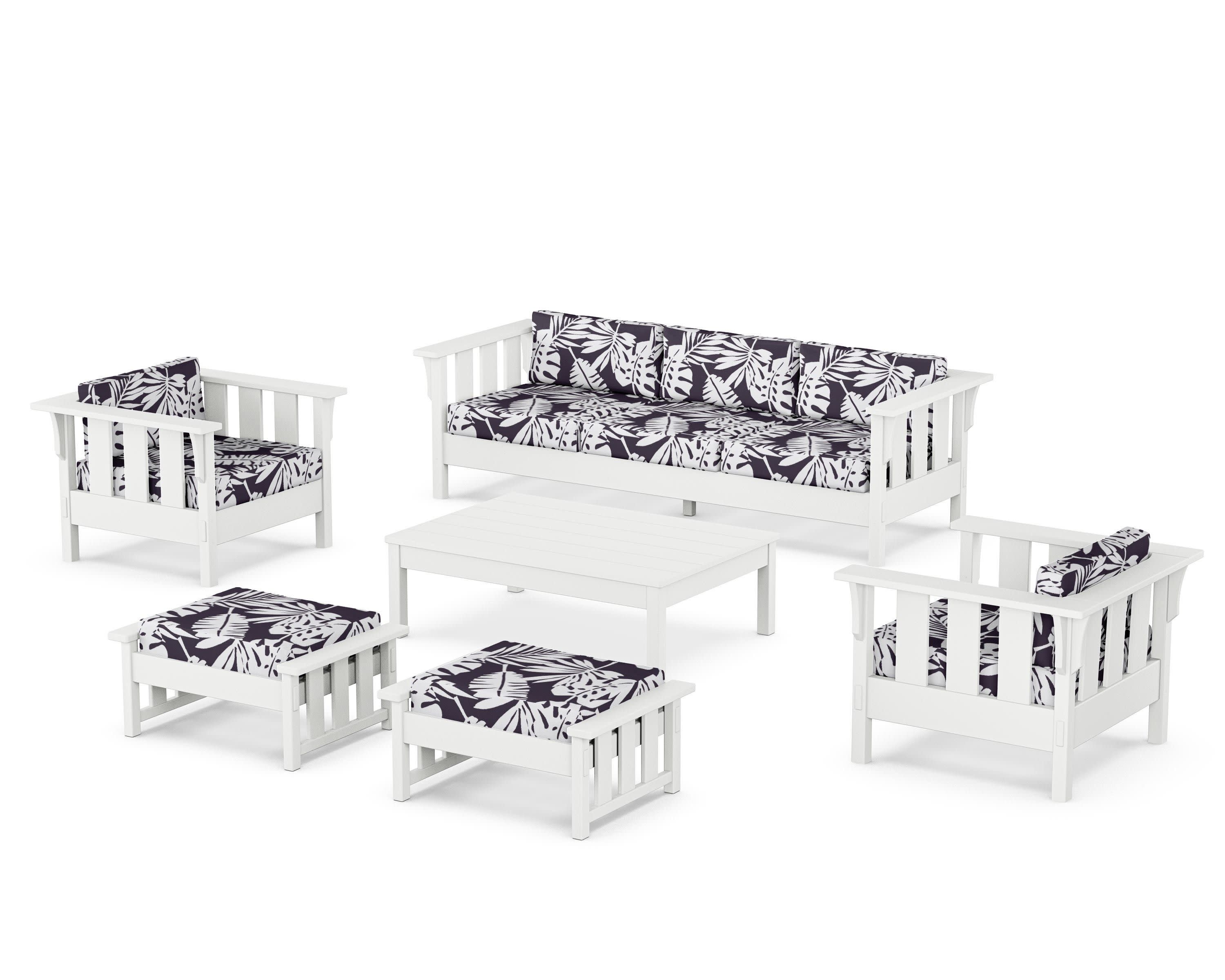Acadia 6-Piece Lounge Sofa Set in White / Leaf Navy