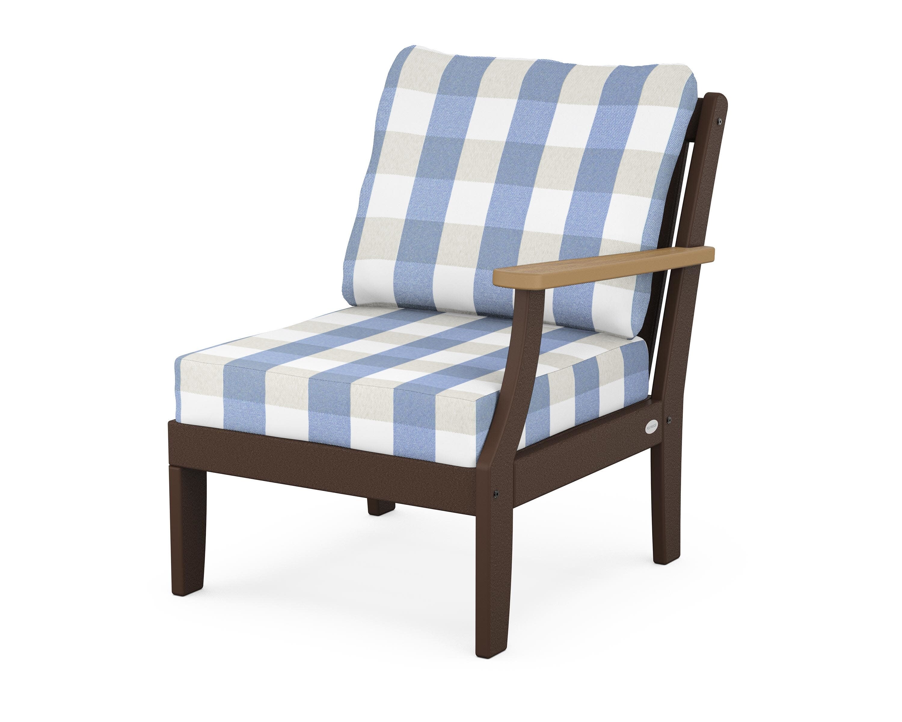 Braxton Modular Right Arm Chair in Mahogany / Natural / Buffalo Plaid Sky Blue