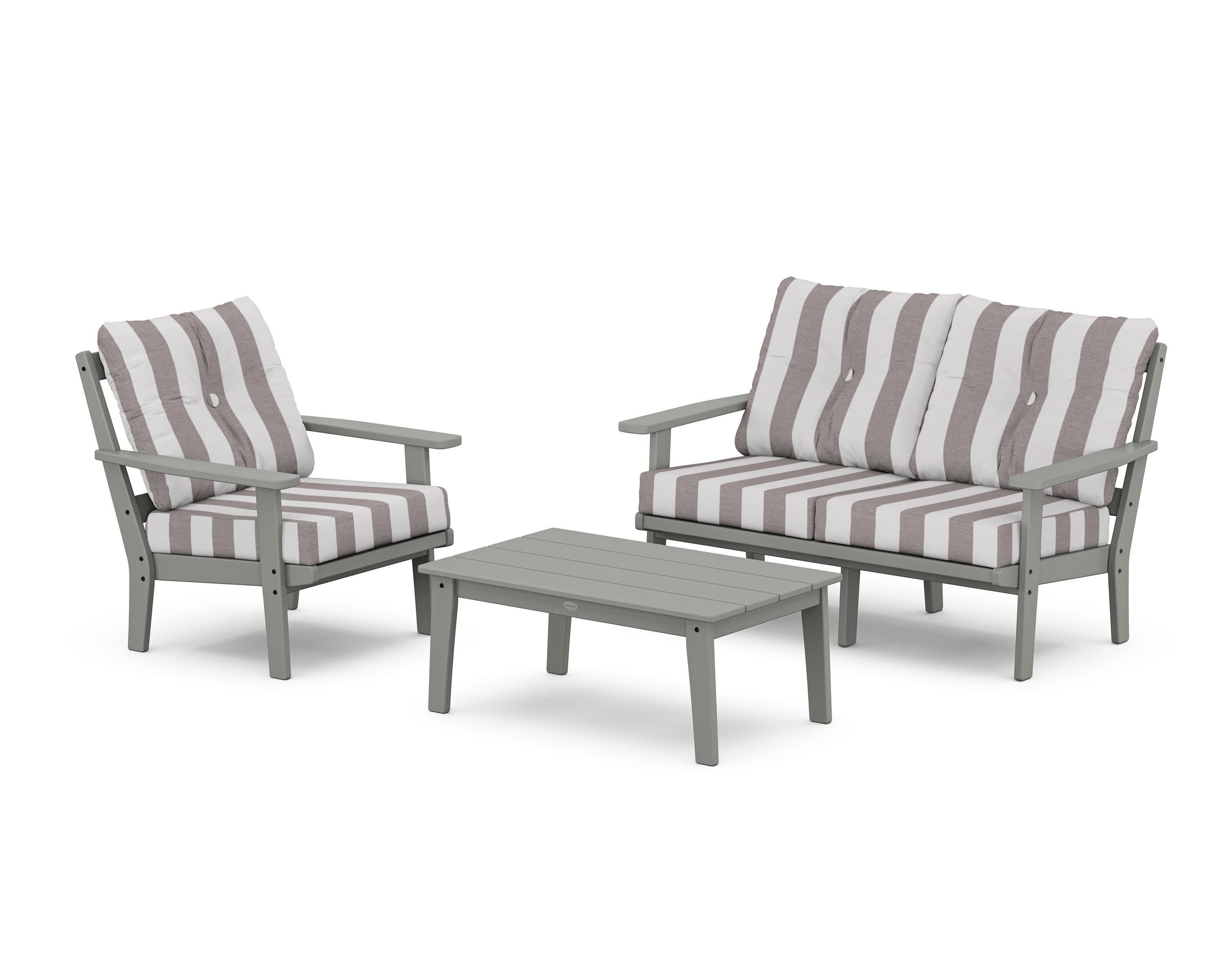 Oxford 3-Piece Deep Seating Set with Loveseat in Slate Grey / Cabana Stripe Grey Mist