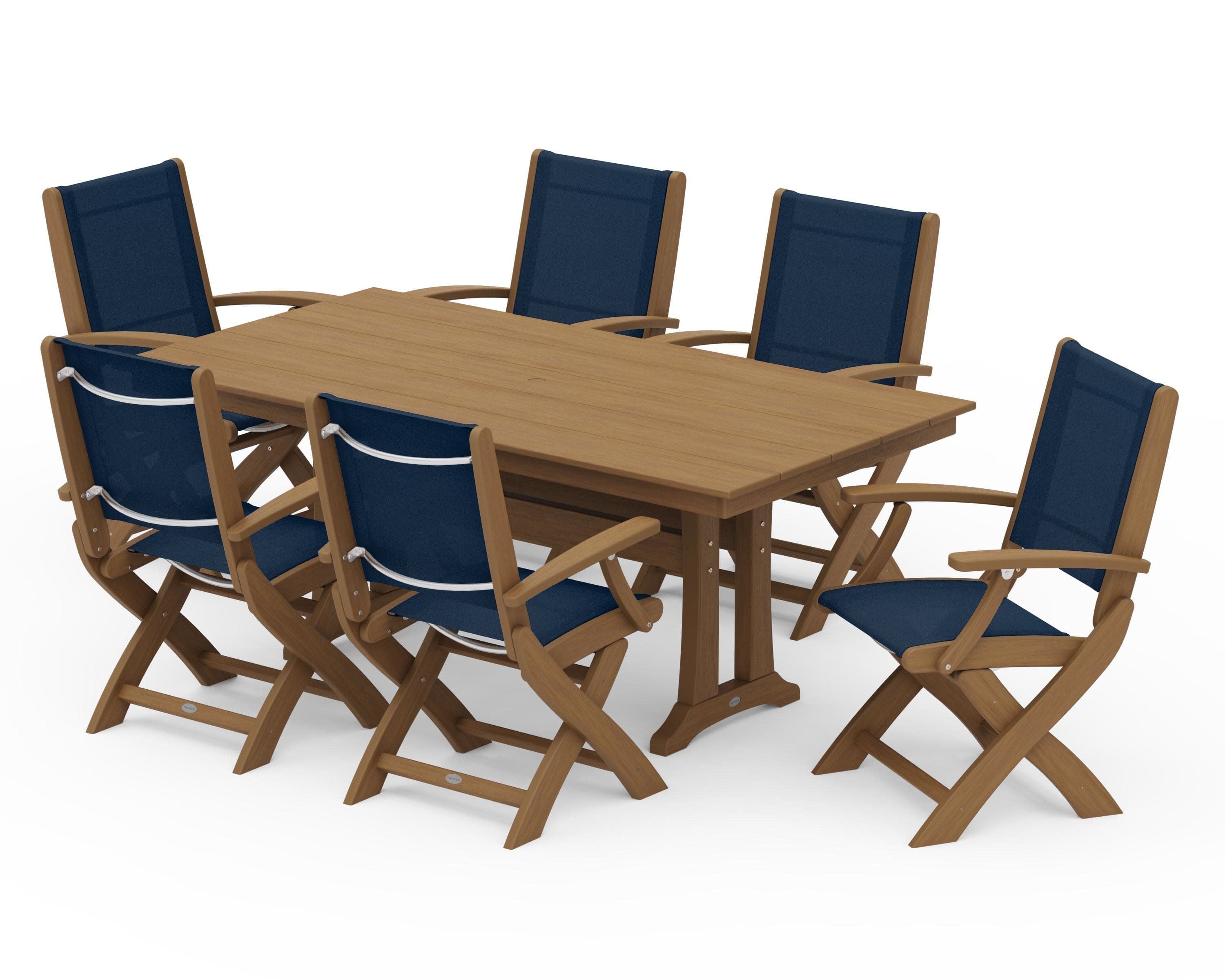 Coastal Folding Arm Chair 7-Piece Farmhouse Dining Set with Trestle Legs in Natural / Navy Blue Sling