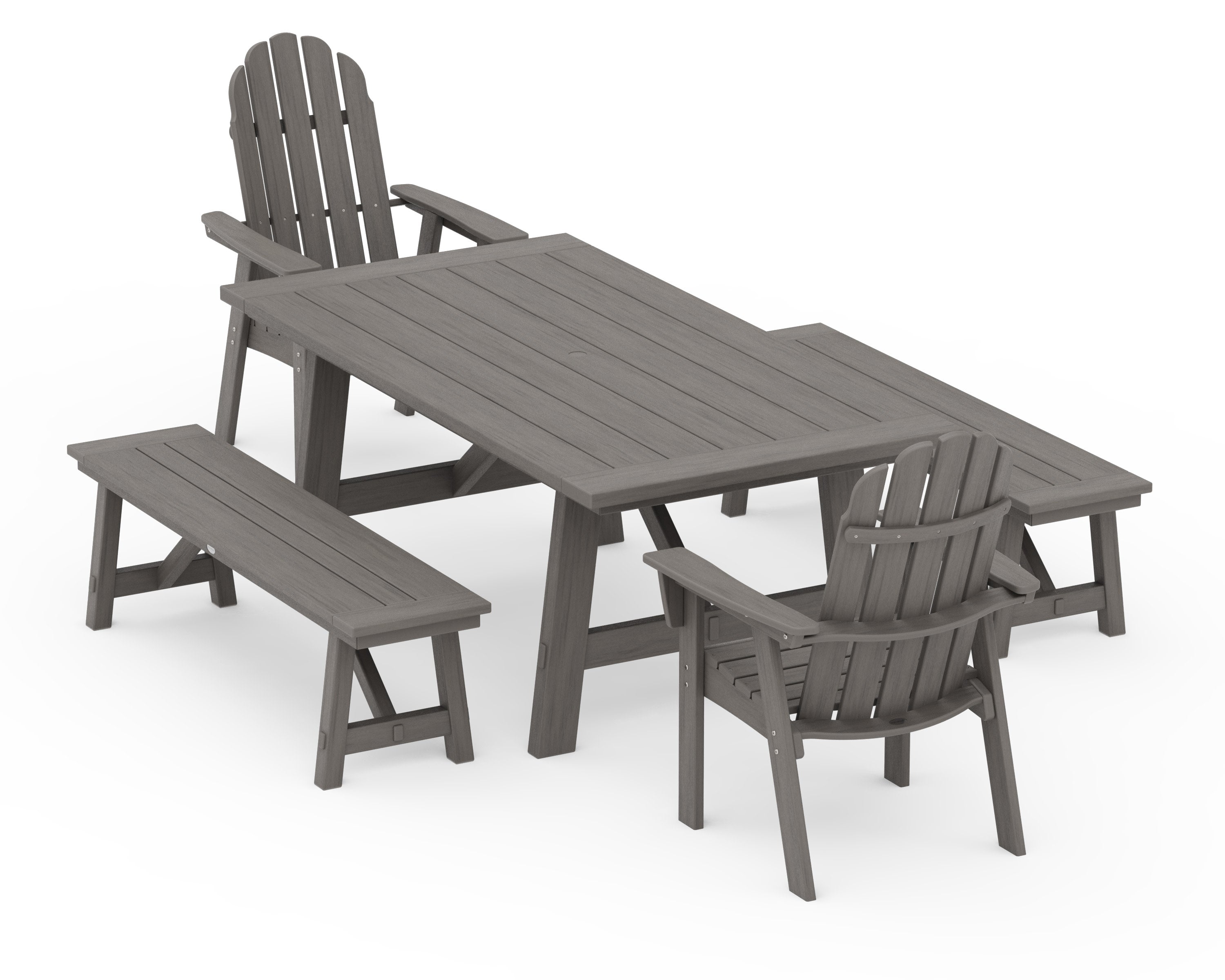 Vineyard Curveback Adirondack 5-Piece Rustic Farmhouse Dining Set With Benches in Driftwood
