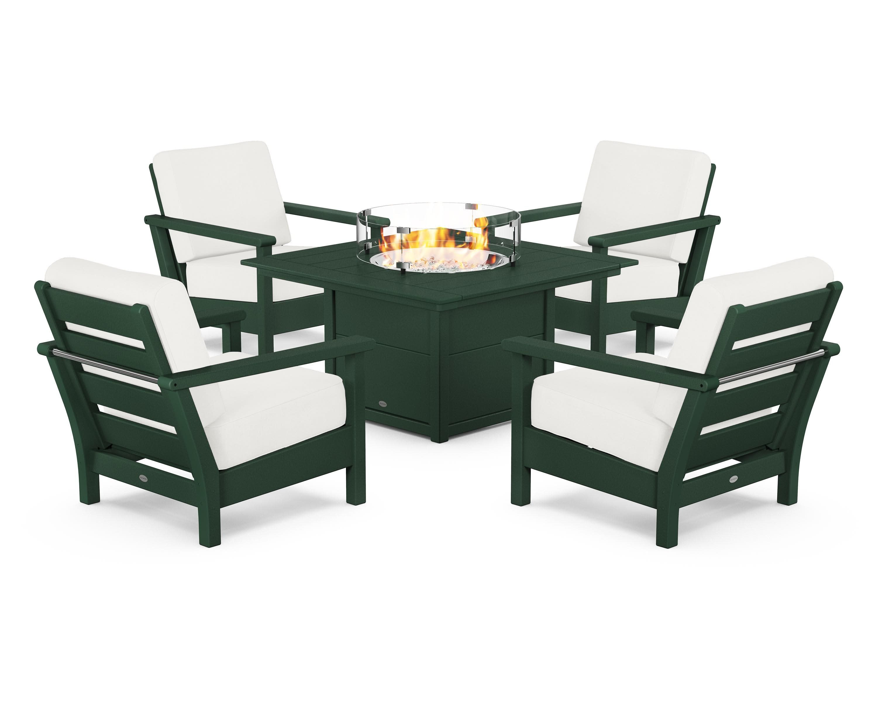 Harbour 5-Piece Conversation Set with Fire Pit Table in Green / Natural Linen