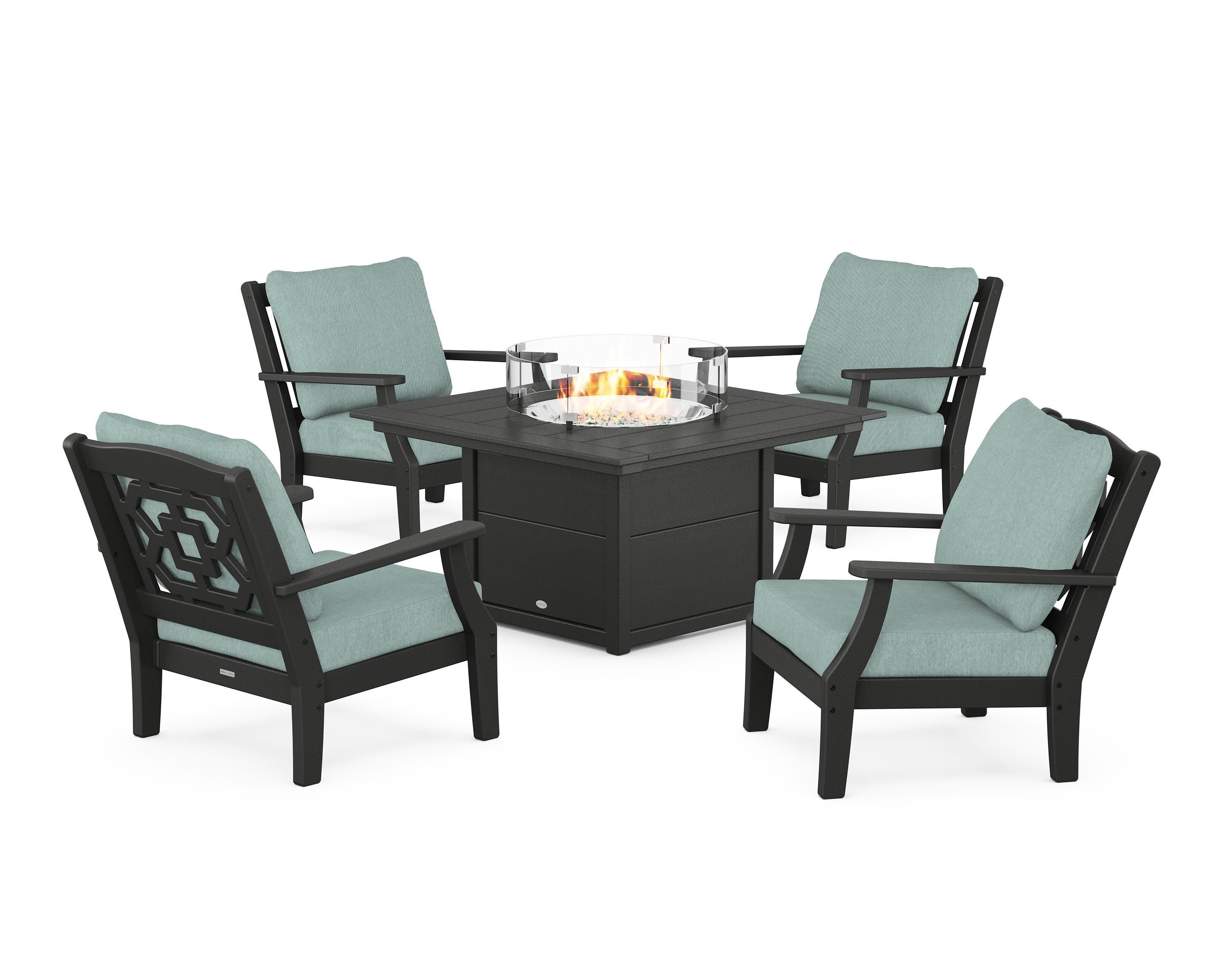 Chinoiserie 5-Piece Deep Seating Set with Fire Pit Table in Black / Glacier Spa