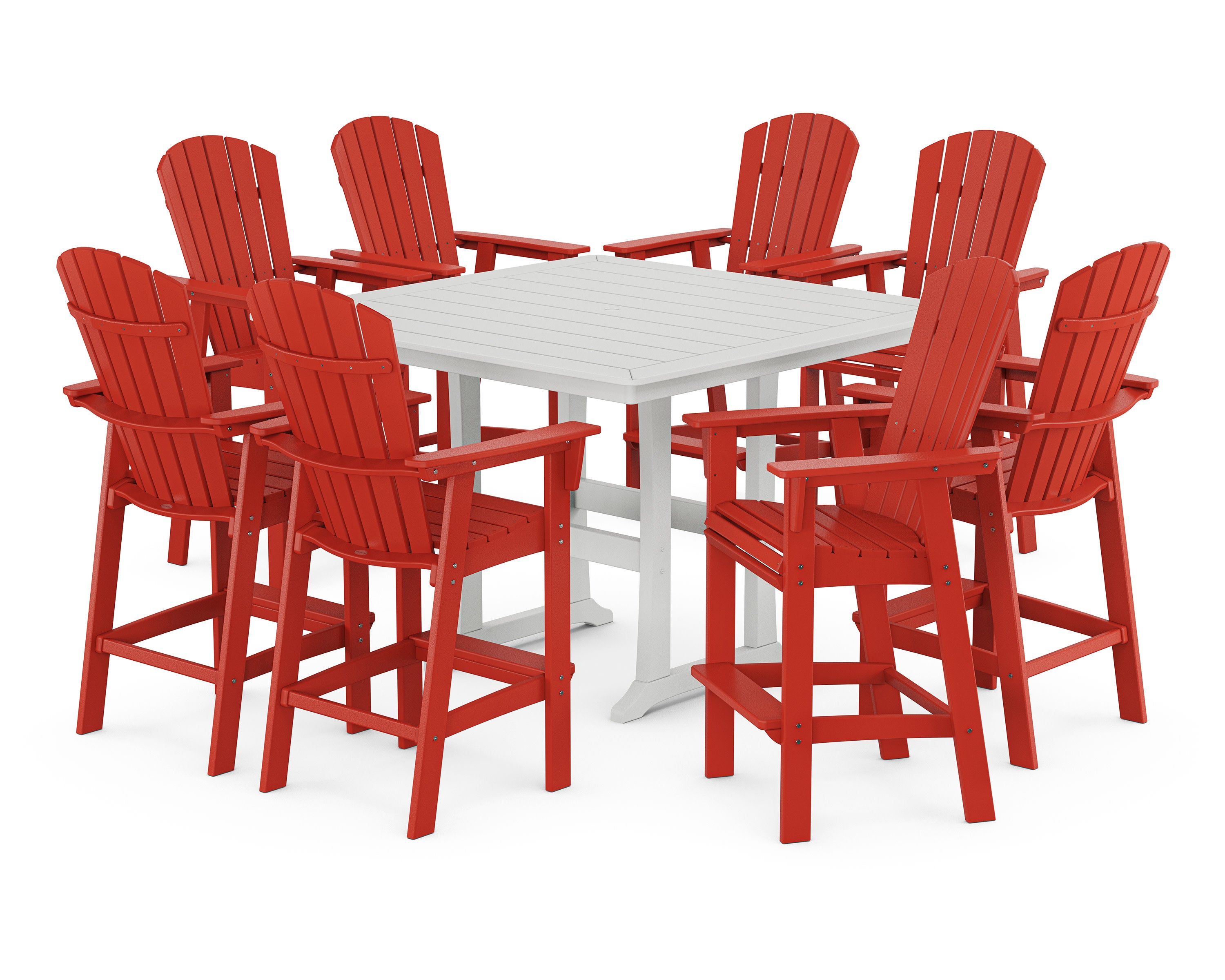 Nautical Curveback Adirondack 9-Piece Trestle Bar Set in Sunset Red / White